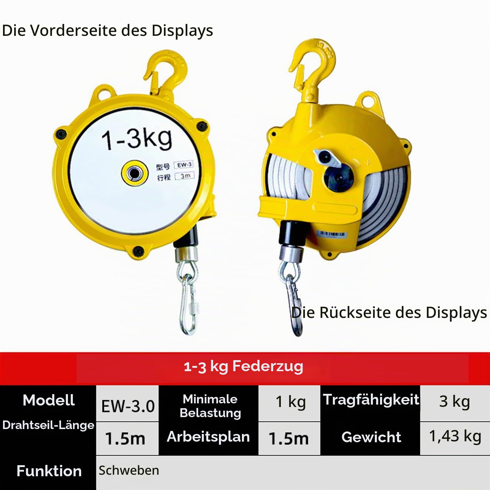 Einstellbarer Federzug Balancer Federzug-Halterung Balancer mit Manuelle Sperrfunktion und Einstellgerät für Aufhänge- und Befestigungswerkzeuge für Werksmontagelinien(Size:1-3kg)