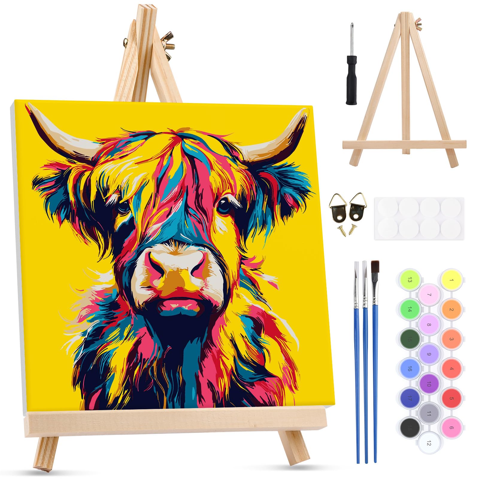 MOTGOM Paint by Numbers Kits for Adult with Frame Wooden Easel, Rainbow Highland Cow Painting by Number Kits On Canvas, Simple Painting Kits for Gift Home Wall Decor 25x25cm