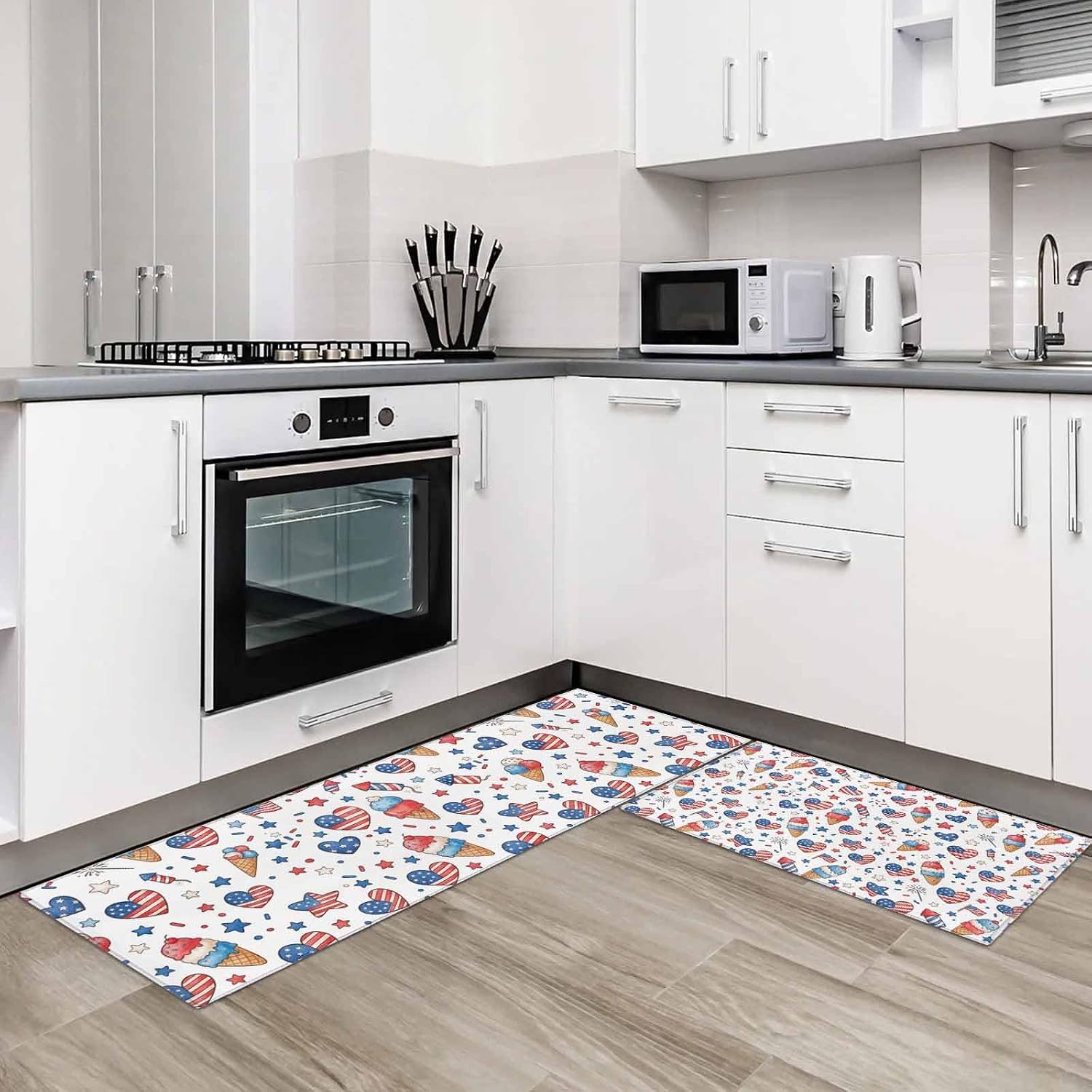 Kitchen Mats for Floor USA Patriotic Ice Cream Washable Non Slip Kitchen Rugs 2PCS, Seamless Heart Firecracker Pattern Absorbent Standing Mats for Sink Office Living Room 15.7x23.6in+15.7x47.2in