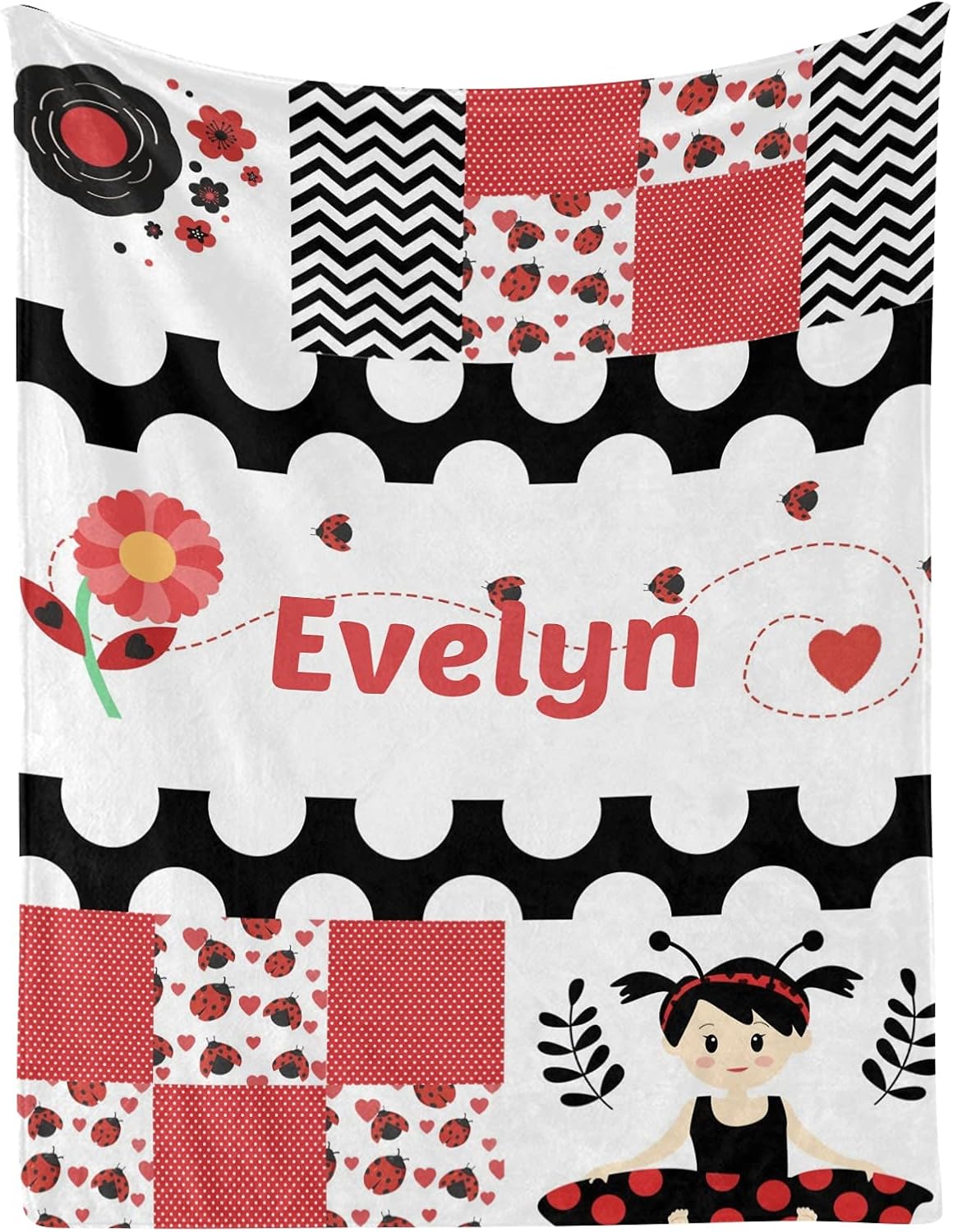 Girl Ladybug Faux Patchwork Quilt Personalized Receiving Baby Blankets for Girls Boys Kids with Name,Customized Swaddle Blankets Gift for Newborn Crib Infants 30x40 Inches