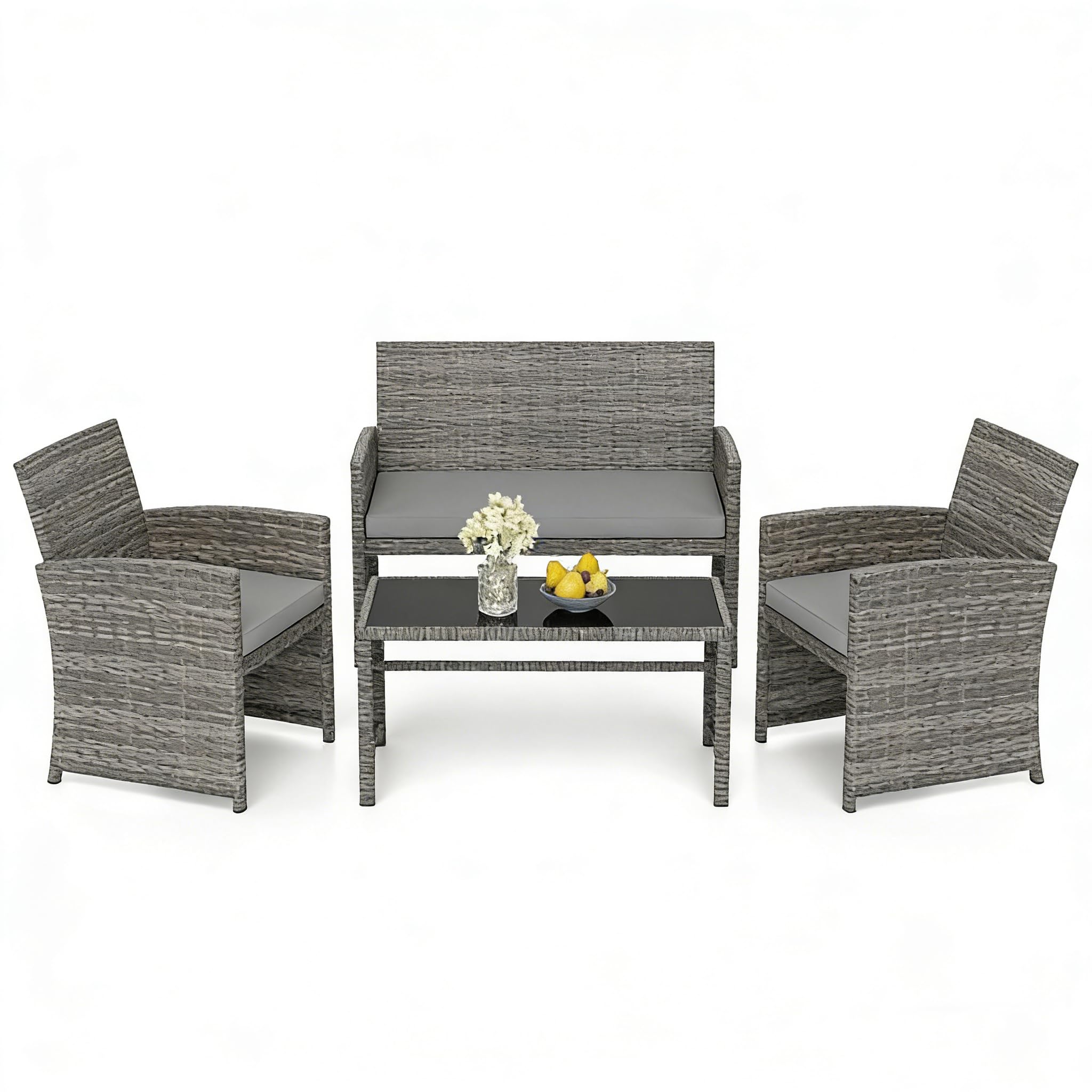 GIANTEX Set di mobili da giardino in rattan, 4 pezzi, divano a 2 posti, 2 poltrone, tavolino con ripiano in vetro, per 4 persone, tavolo e sedie per terrazza, patio (grigio)