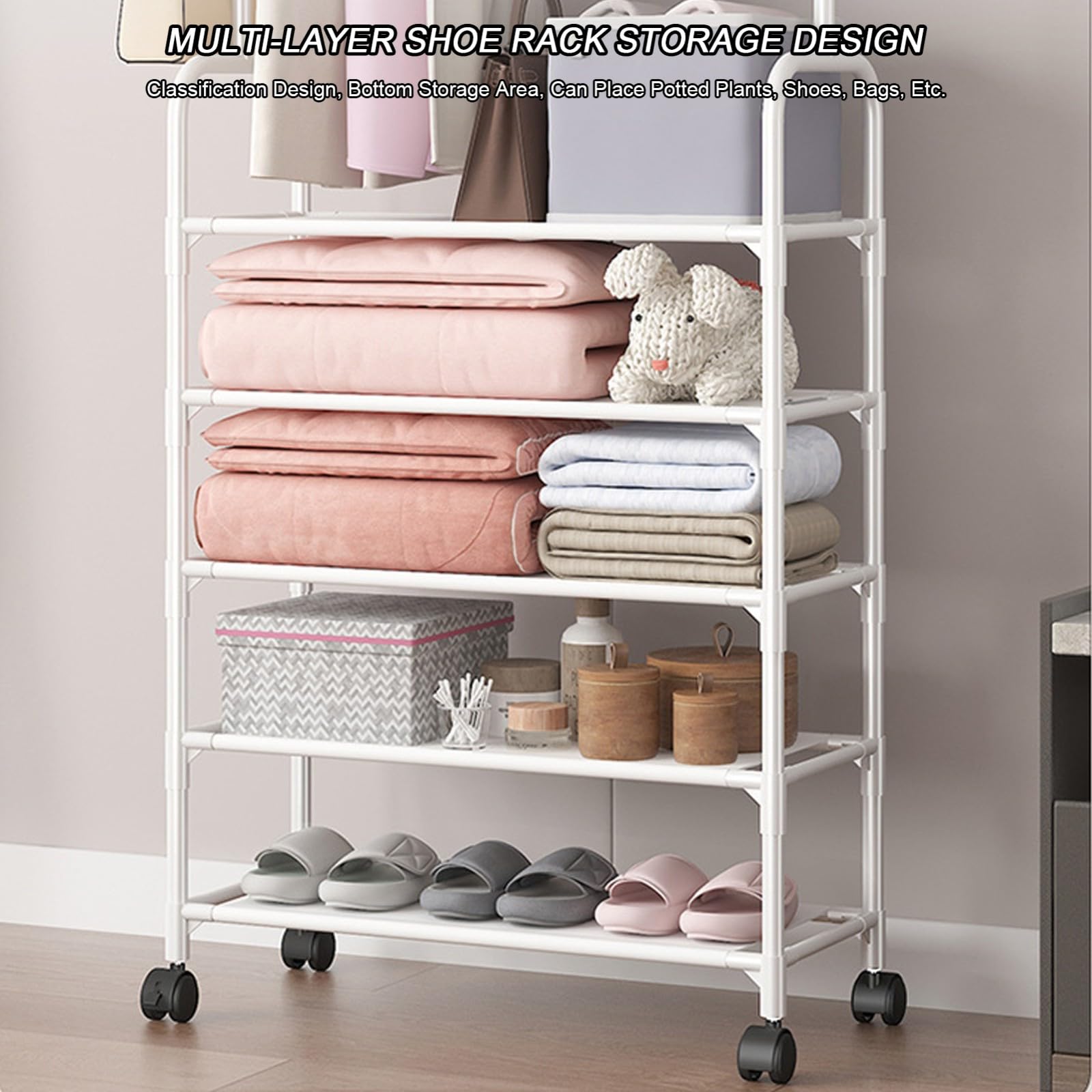 Perchero de Metal con gancho para colgar Ropa, Barra para colgar Ropa, armario abierto con 4 capas de Zapatos para El hogar y la oficina, C, 60 x 26 x 160 cm