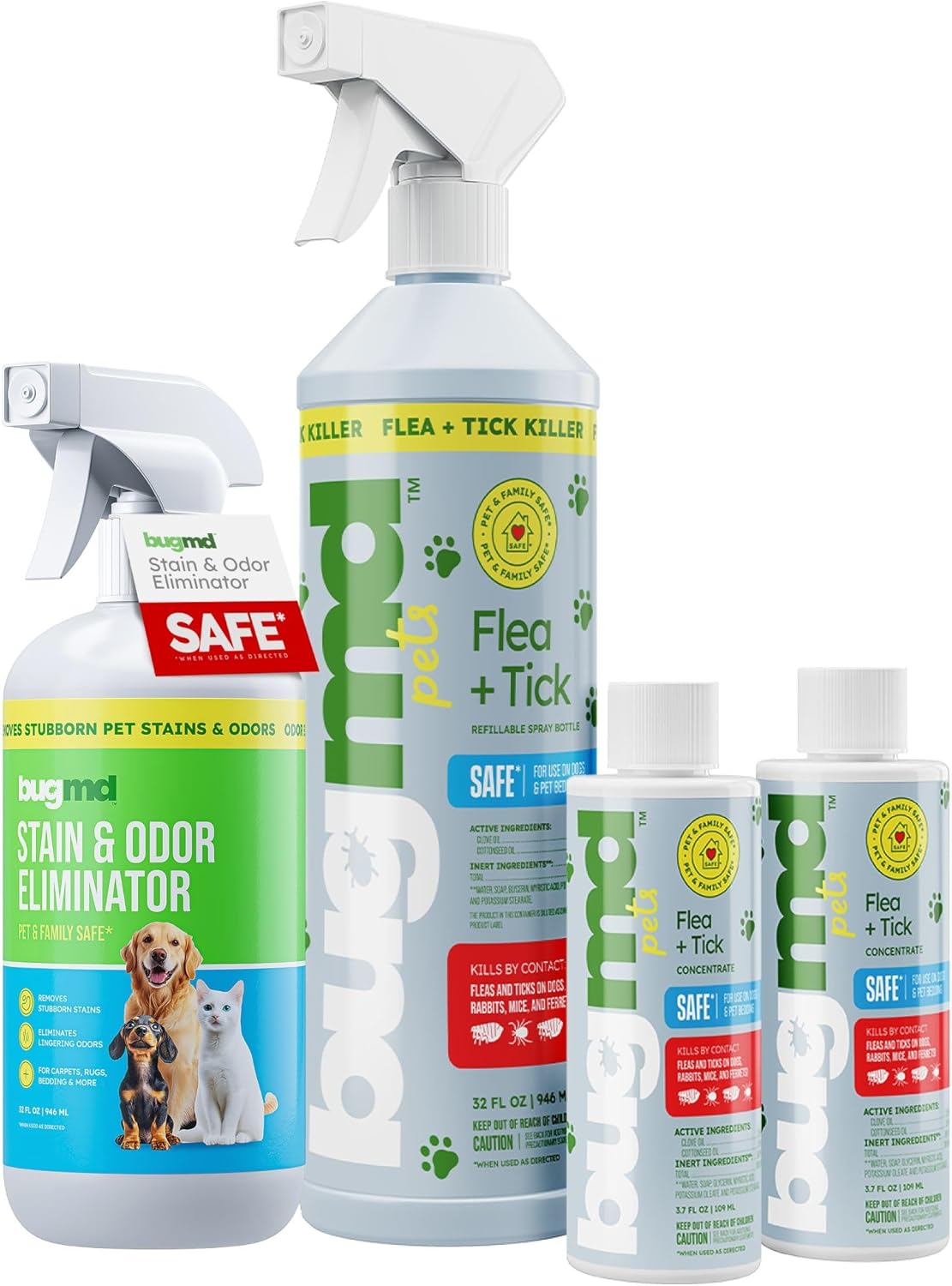 BugMD Flea and Tick Concentrate (3.7 oz, 2 Pack) and Pet Stain Remover & Odor Eliminator for Strong Odor (32oz) Spray Bundle