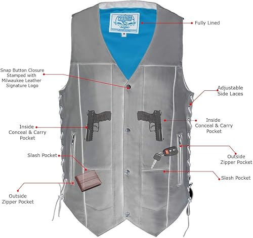 Miniatura 4 de Milwaukee Leather Chaleco clásico de cuero con cuello en V para motociclista para hombre, Mlm3541-negro