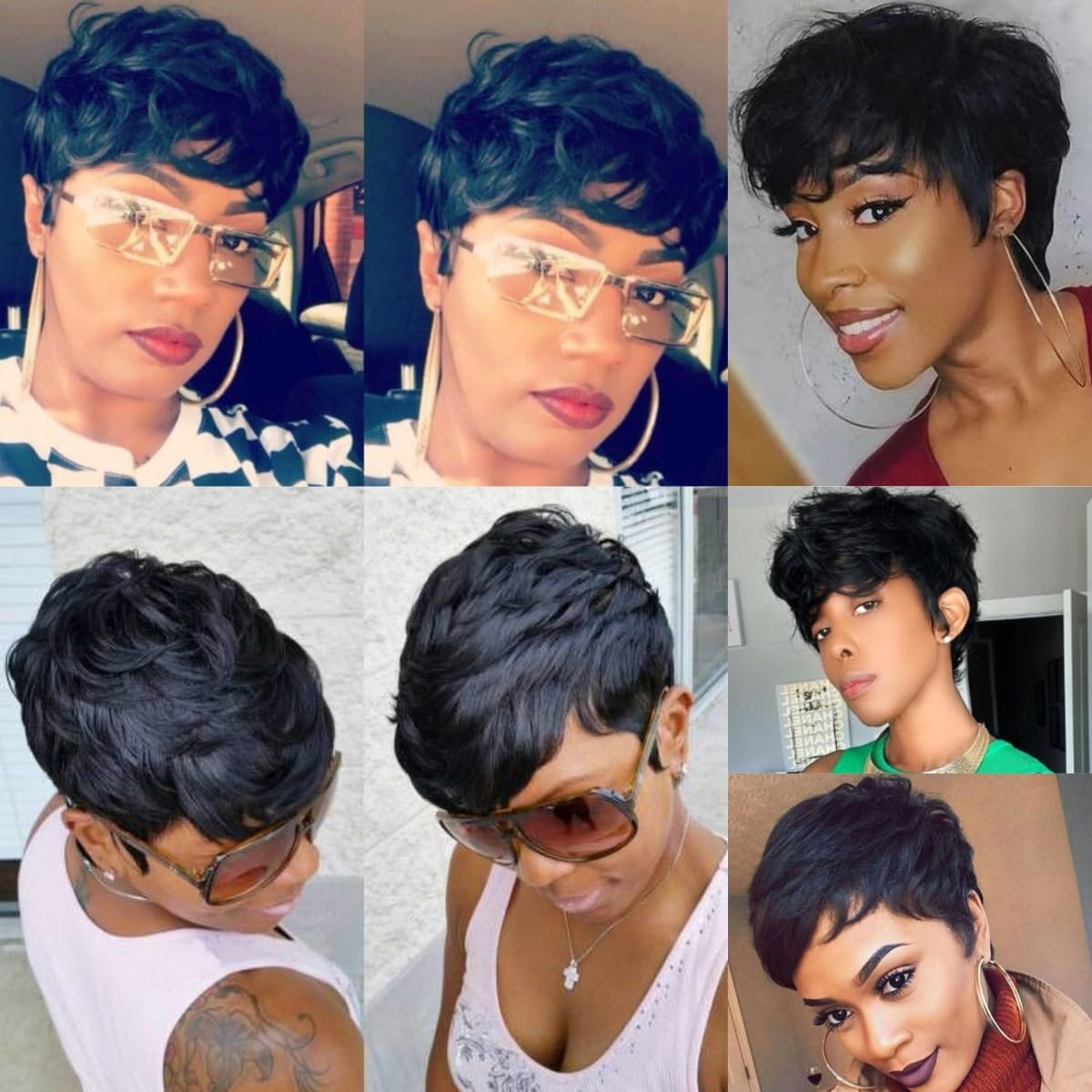Pixie Cut Wigs Human Hair Mixed Synthetic, Short Wavy Layered Wig, Glueless, Breathable, Heat Resistant, Natural Look for Black Women, Daily, Party Use