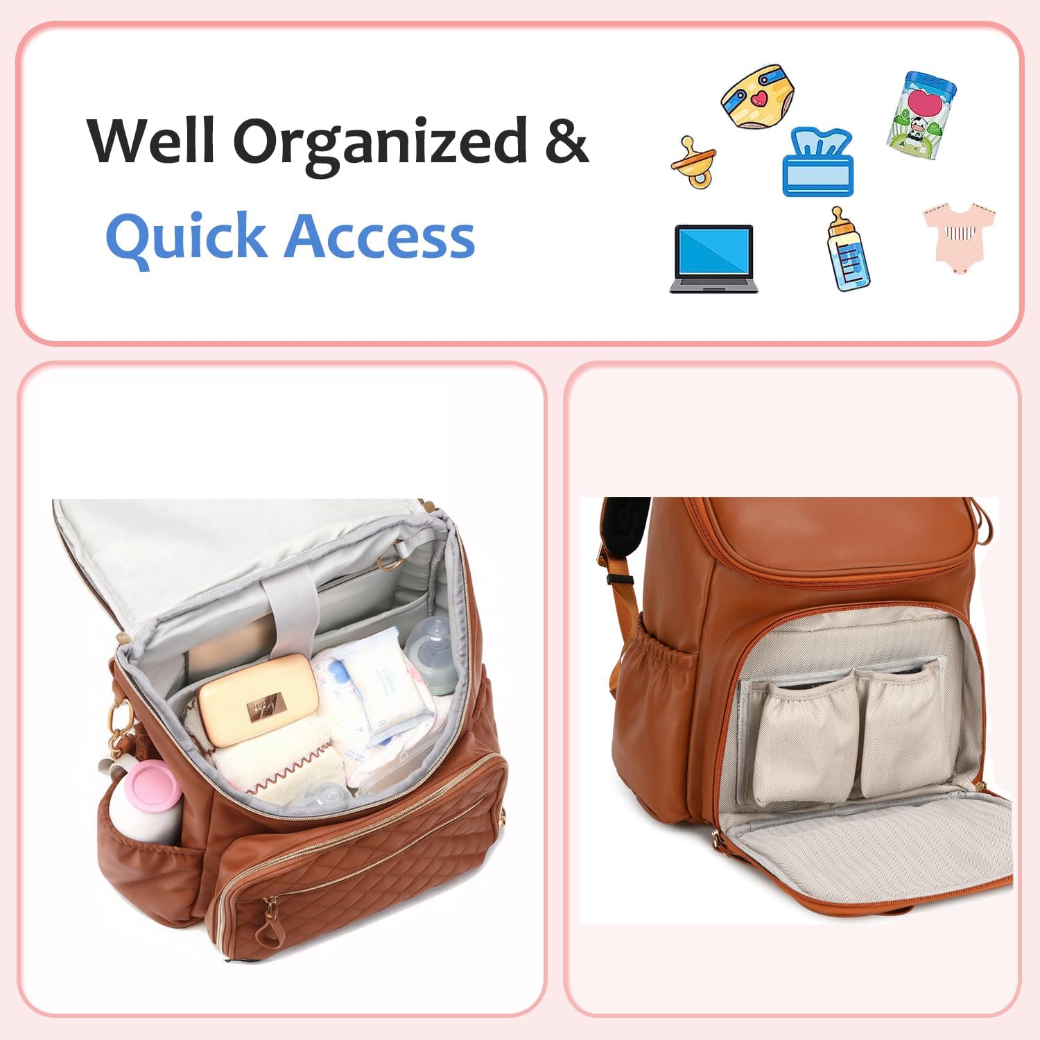 Lightweight Diaper Bag Backpack with Stroller Clips, Insulated Pockets, Baby Shower Essentials (Classic, Brown)