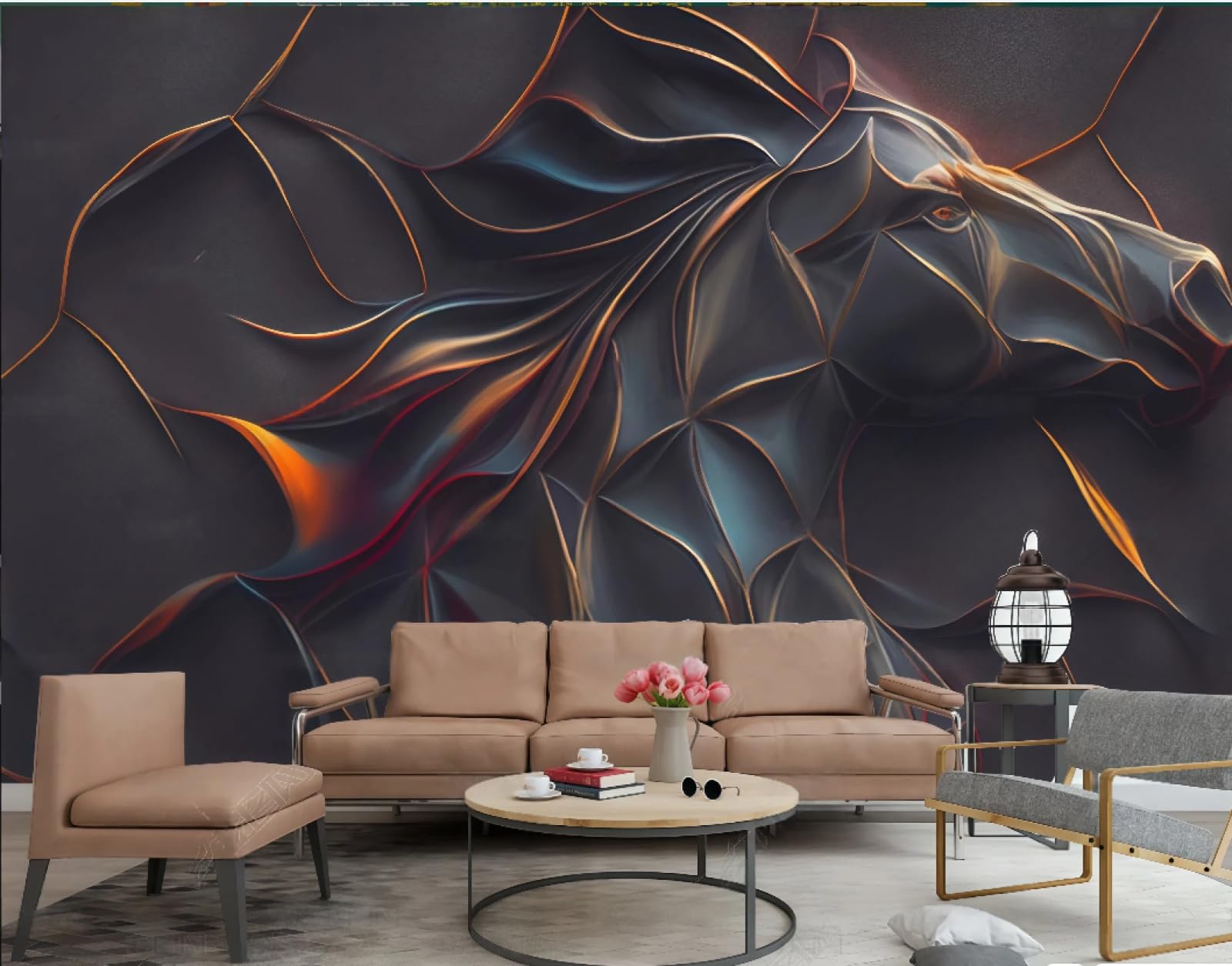 Tapeta sztuka nowoczesna abstrakcyjne metalowe linie reliefowe koń wzór skalny obraz TV sofa tło tapeta ścienna salon restauracja kawiarnia mural, 3D, 250 x 175 cm