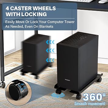 Mobile PC Stand, Adjustable Metal Computer Tower Stand, PC Floor Stand with 4 Locking Caster Wheels, PC Tower Stand, CPU Holder, PC Cart PC Riser Fits Most PC for Gaming Office Desk
