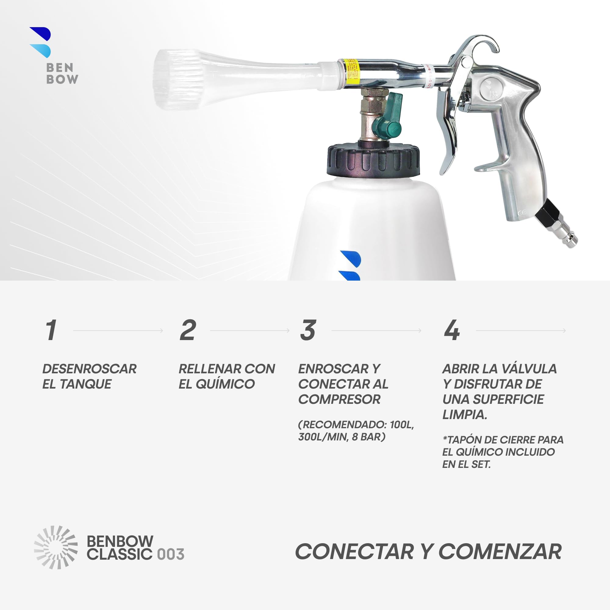 BenBow Pistola de Limpieza de Aire comprimido Classic Brush – Elimina eficazmente la Suciedad en Autos, Camiones, autobuses y maquinaria de construcción – con depósito de 1 litro para detergente