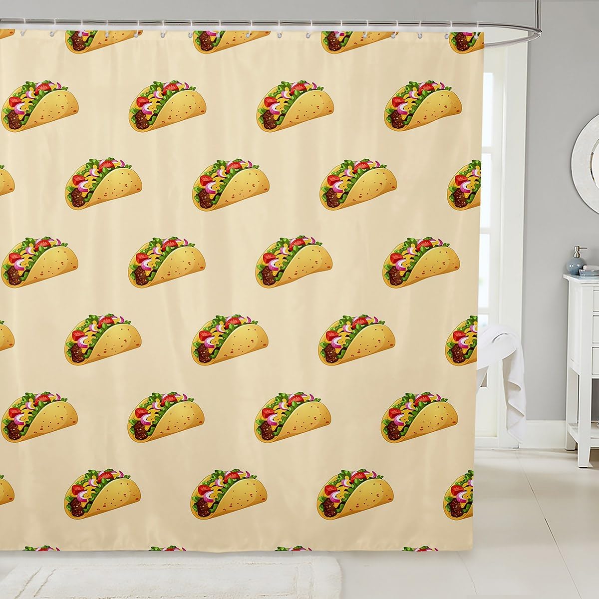 Taco Party Shower Curtain Mexican Taco Bathroom Shower Curtain Sets Funny Realistic Food Fabric Shower Curtain Easter Gifts for Kids Bathroom Decor,Cartoon Style Cinco De Mayo Bath Curtain 72" Wx84 L
