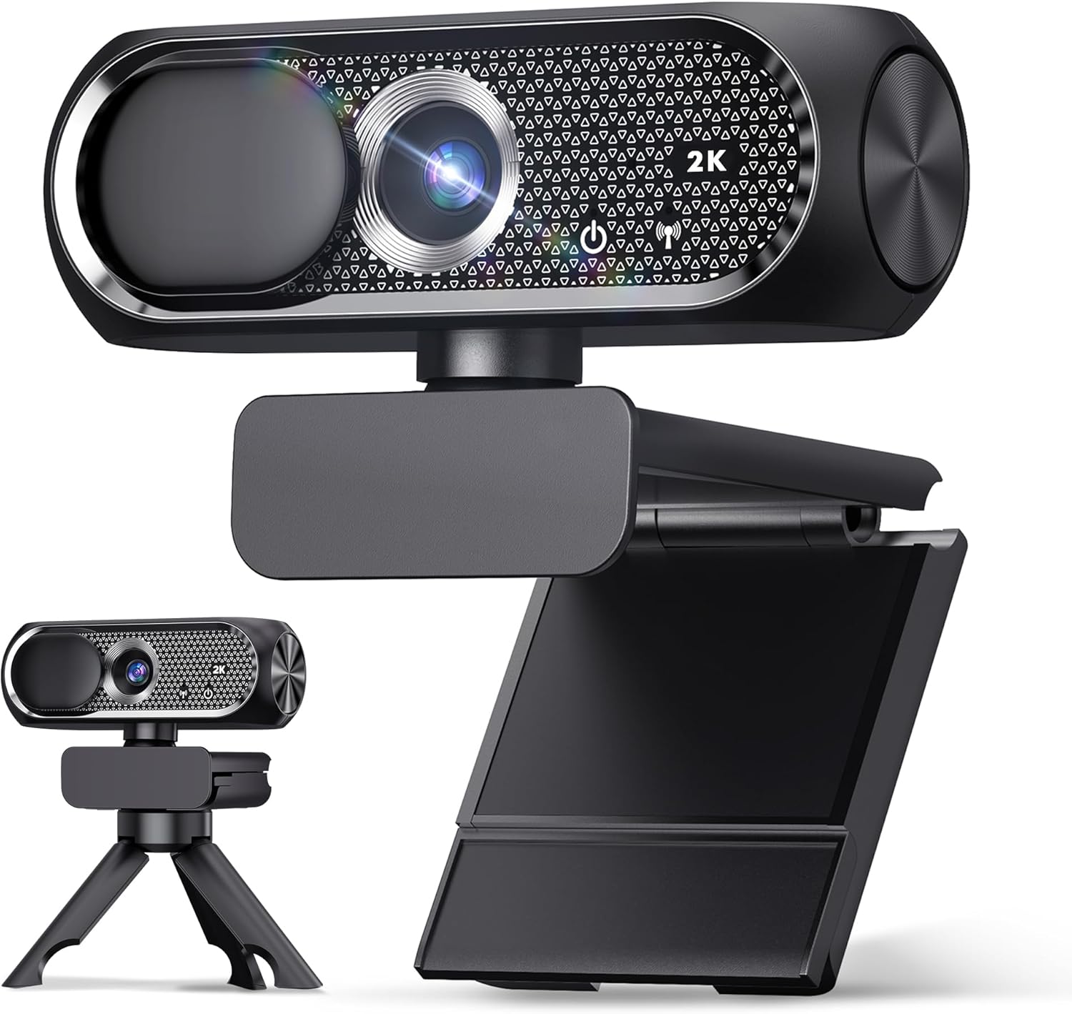 2K Webcam with Rotatable Tripod and Mic, Noise Cancellation, Privacy Cover, Wide-Angle Lens, Auto Light Correction, Plug & Play USB Webcam for Laptop, Desktop, PC, Mac, Zoom, Skype, Streaming