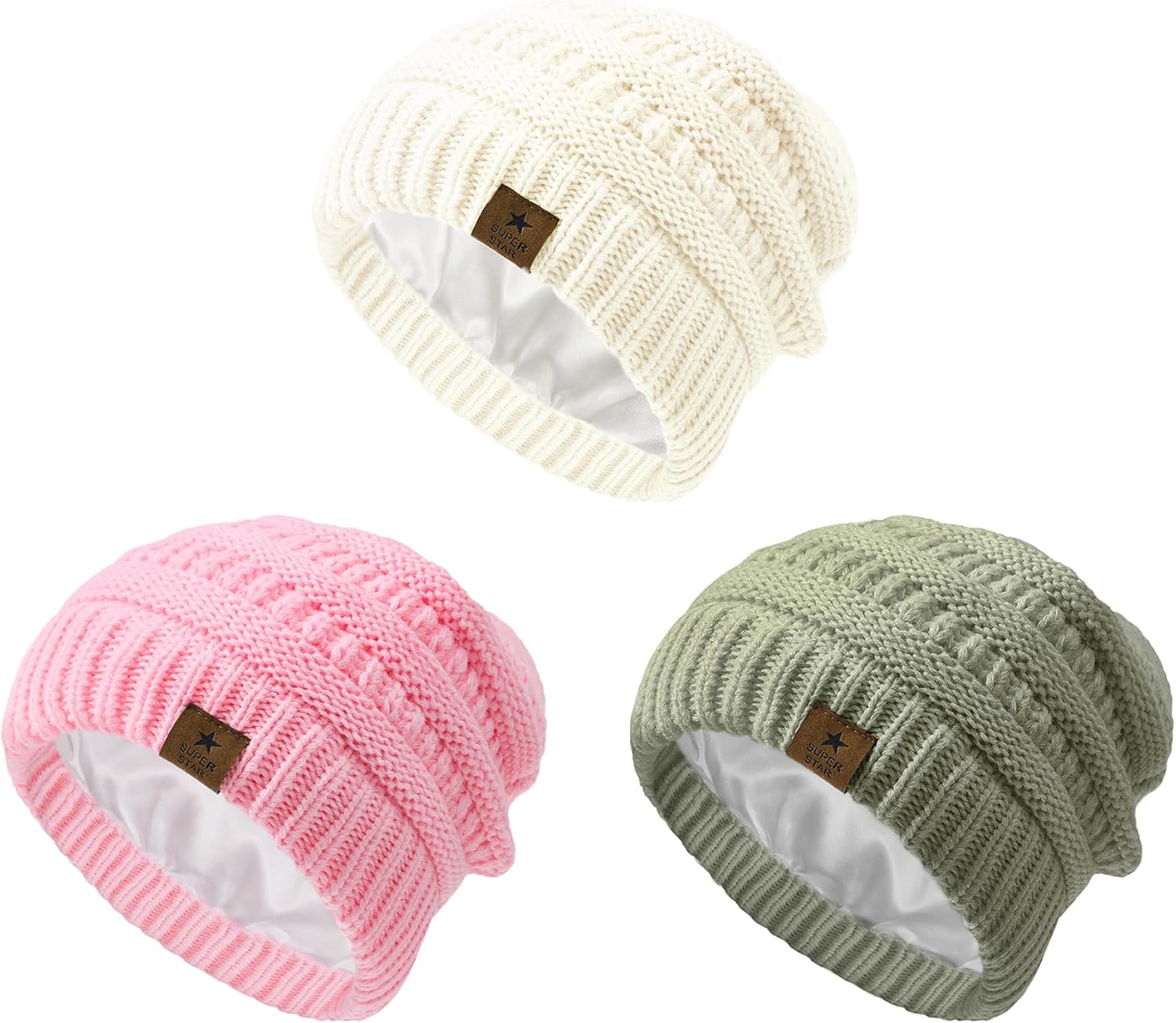 Zando 3 Pack Satin Lined Baby Girl Boys Toddler Winter Hat Infant Beanie Warm Soft Cable Knit Hat Silk Lined Outdoors - Image 7