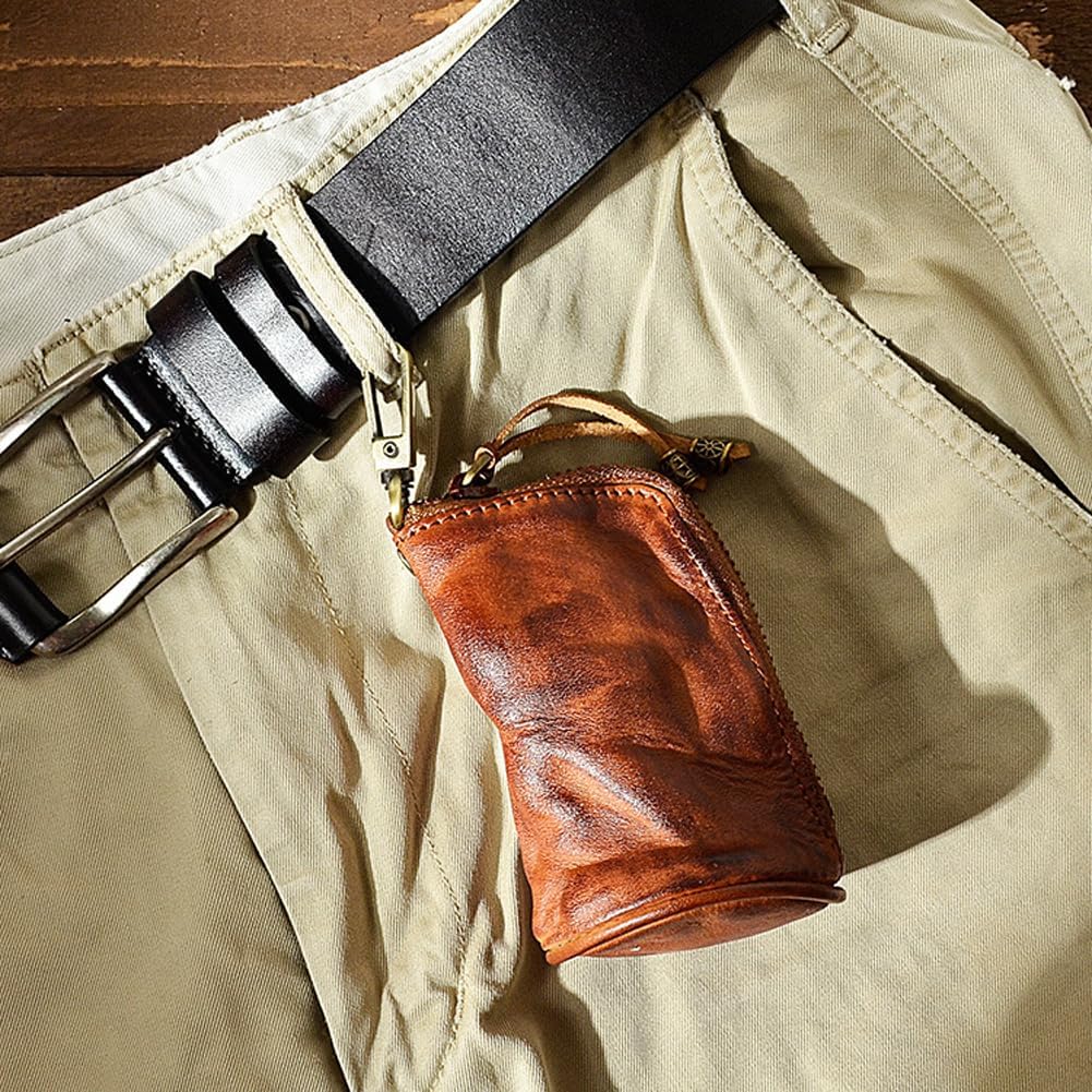 1 Pcs Leather Mini Medieval Pouch Keychain, Coin Organizer, Change Holder,Card Case, Genuine Leather Zipper Storage Bag for Men & Women