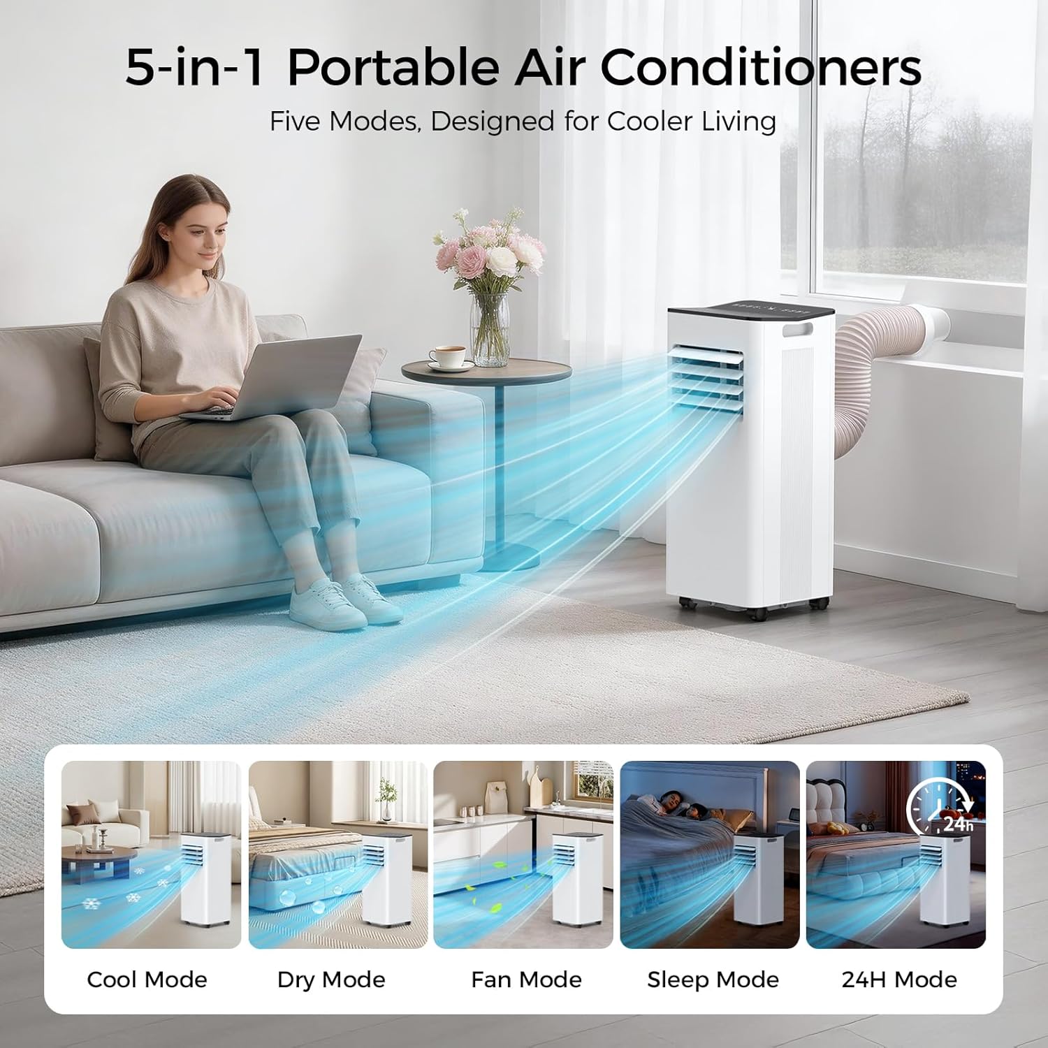 16000 BTU Portable Air Conditioner for Large Rooms & Bedrooms up to 750 Sq.Ft, Ultra Quiet 40dB Smart WiFi AC, 5-in-1 Cooling with Dehumidifier, Fan, Sleep Mode & Timer
