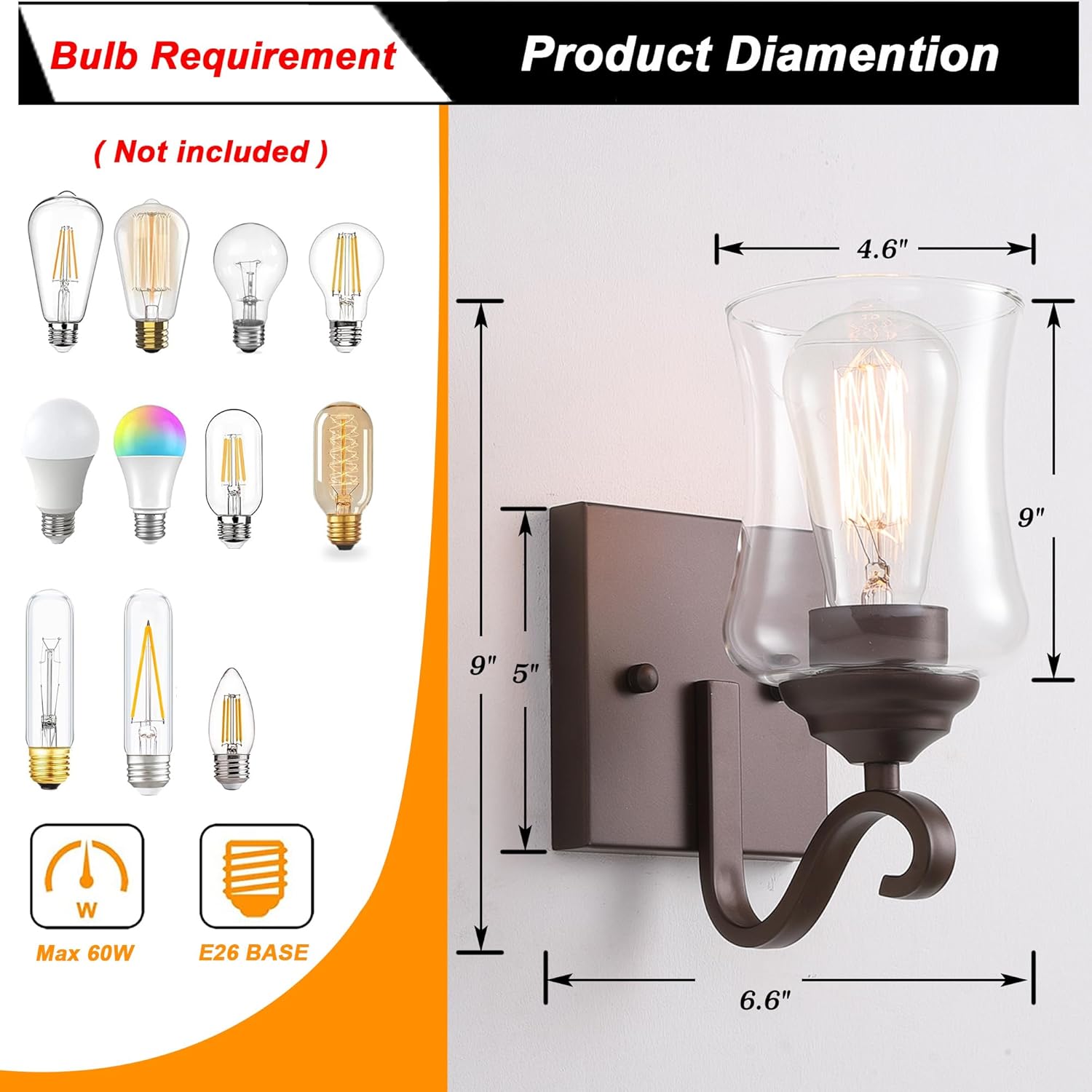 Oil Rubbed Bronze Wall Sconces, Bronze Farmhouse Bathroom Wall Sconces with Clear Glass for Bathroom Hallway Stairwell Dining Room