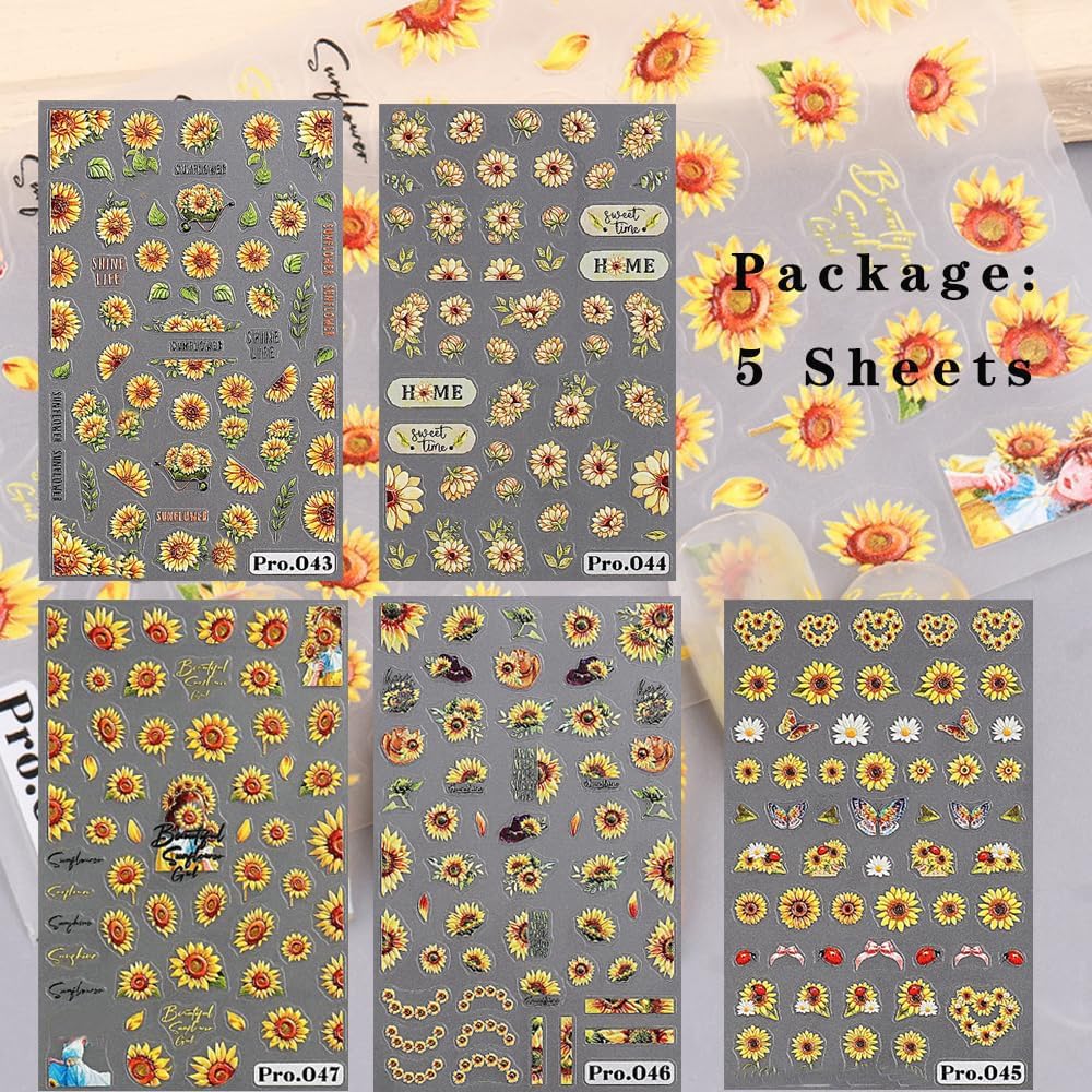 5 Sheets SunflowerNail Stickers for Nail Art, 5D Self-Adhesive Nail Decals image 3