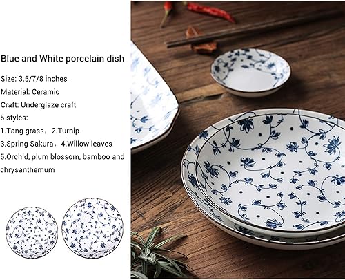 Miniatura 4 de Gegong Paquete de 4 platos de porcelana azul y blanca para servir platos florales poco profundos, aperitivo, ensalada, postre (3.5 pulgadas,