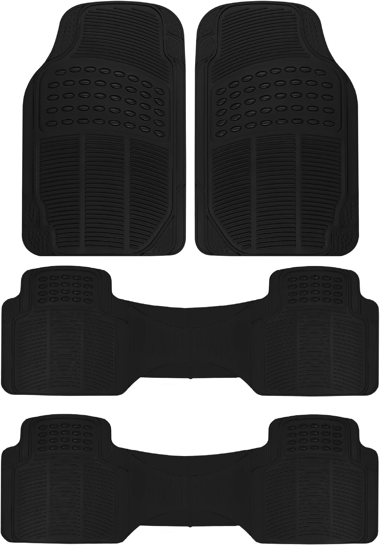 BDK 3-Row ProLiner Original Heavy Duty 4pc Front & Rear Rubber Floor Mats for Car SUV Van (Fits 3rd Row Vehicles) - All Weather Protection Universal Fit (Black)