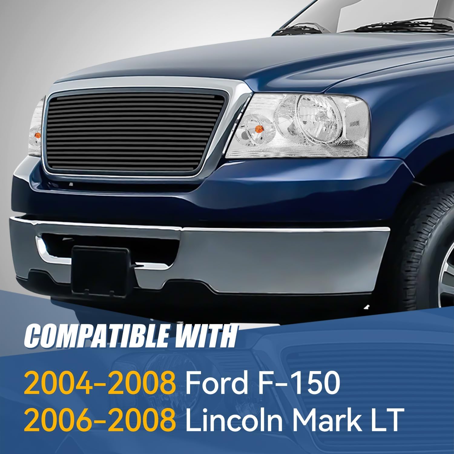 Auto Dynasty Headlights Assembly Compatible with 2004-2008 Ford F-150 Lincoln Mark LT, Driver and Passenger Side Halogen Headlamps Replacement, Chrome Housing Clear Corner