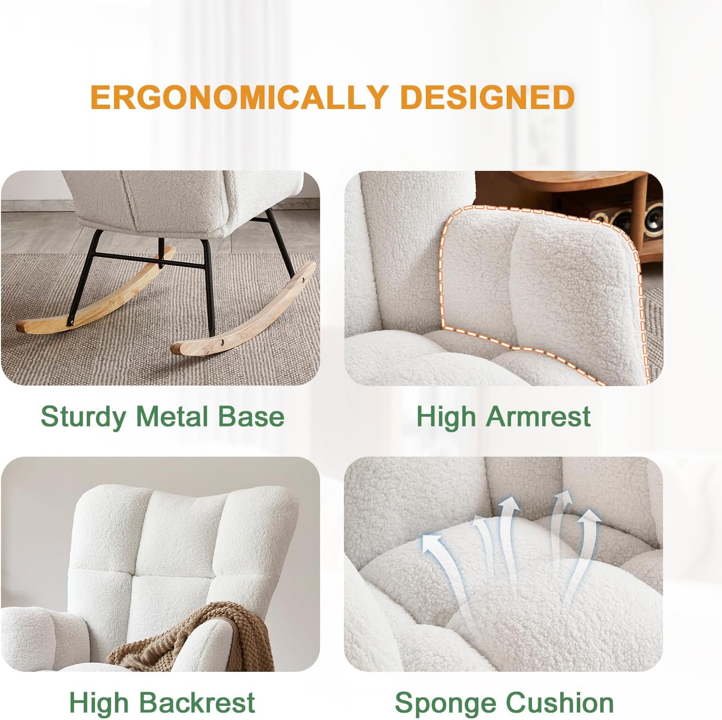 Nursery Rocking Chairs, High Back Teddy Glider Rocking Chair, Upholstered Rocker Recliner Modern Rocking Accent Chairs Comfy Armchairs for Nursery, Bedroom, Living Room (Ivory) Beige image 4 of 9 B0DS7MR4H9