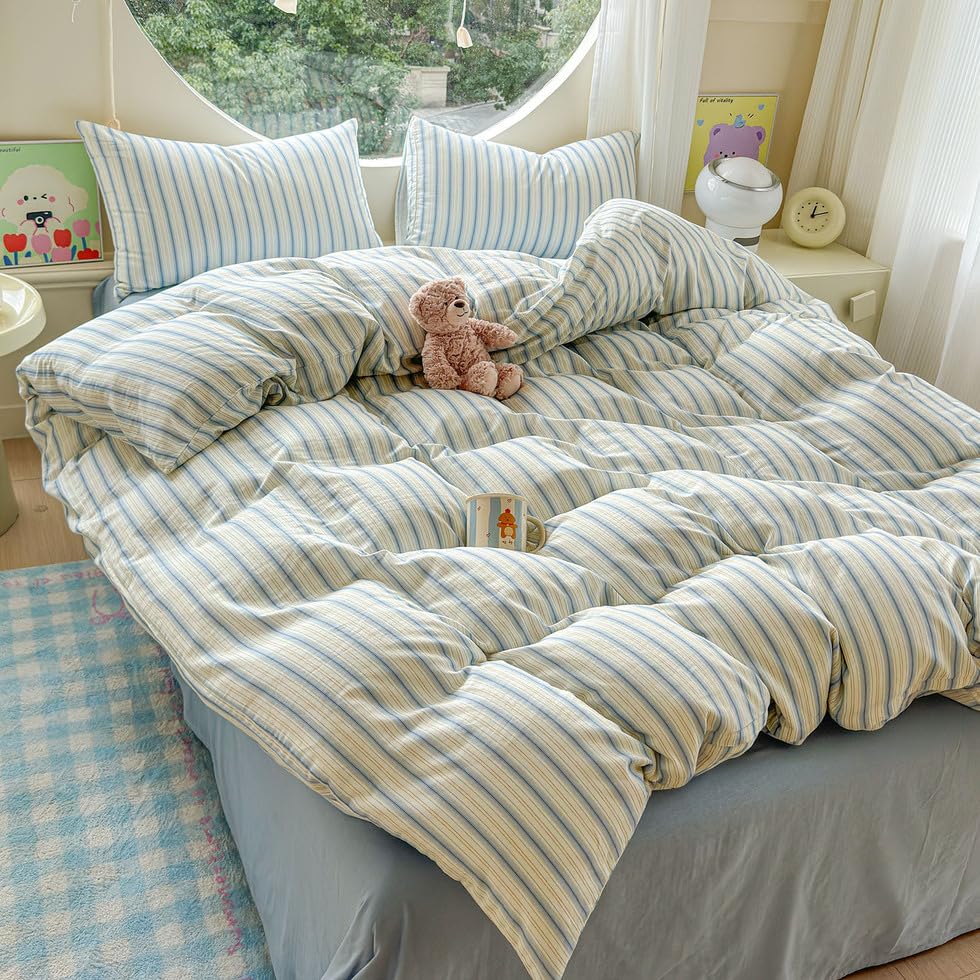Image of EAVD Vintage Striped Duvet Cover Twin Soft 100% Muslin Cotton Linen Feel Gauze Farmhouse Blue Vertical Striped Pattern Bedding Set for Boy Girl Reversible Geometric Duvet Cover with Zipper Closure