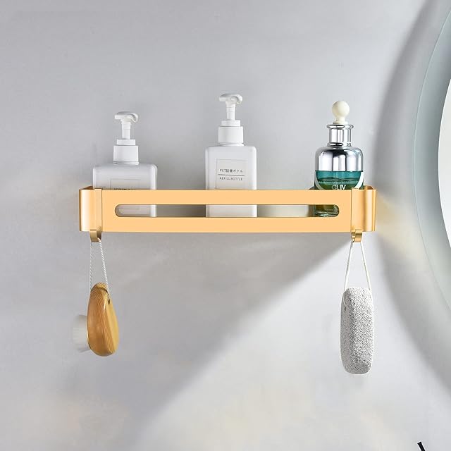 Shower Storage Shelves For Wall, Bathroom Shelf No Drilling Metal Shower Caddy Champagne Gold Wall Mounted Bathroom Storage Basket Shower Organizer Rack(1 Tier)
