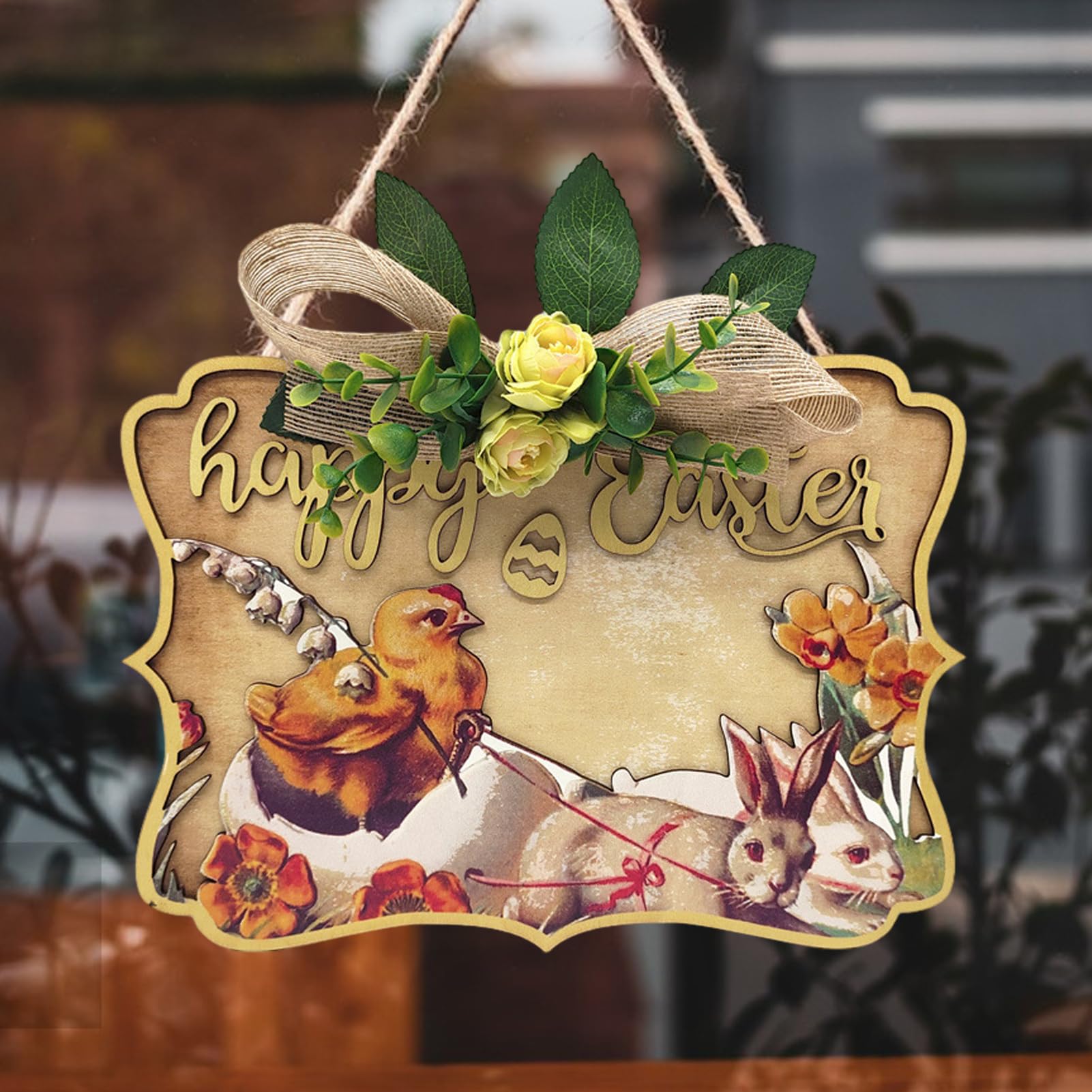 Happy Easter - Cartello Di Legno Con Coniglietto Per Porta – Decorazione Rustica Pasquale 30x30 Cm, Targa Benvenuto Con Fiocco Per Casa