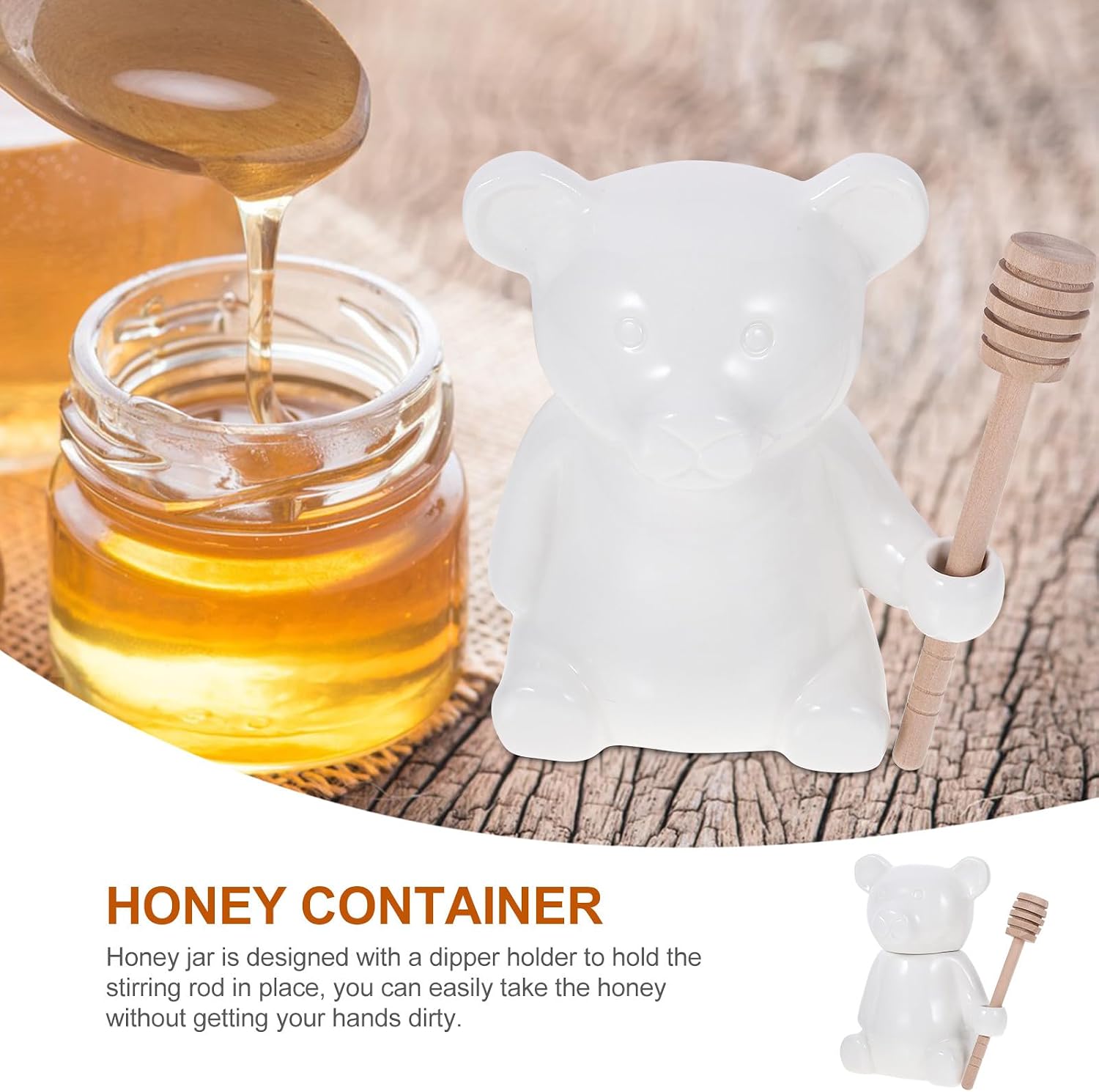 CHILDWEET Bear Shape Honey Jar with Ceramic Dipper Stick Embossed Polar Bear Design Honey Container Kitchen Storage Jar