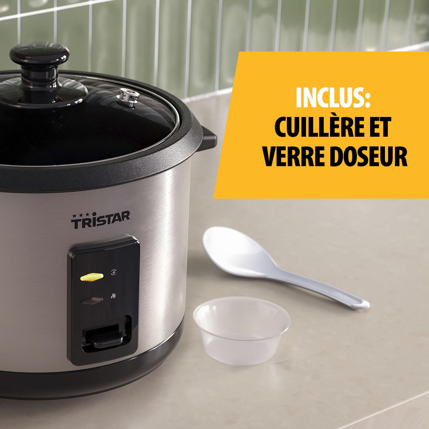 Tristar Cuiseur à Riz, Capacité 1,8 L, Corps en Acier Inoxydable avec Couvercle en Verre, Bol Intérieur Antiadhésif, Arrêt Automatique et Fonction Maintien au Chaud, 700 W, RK-6148