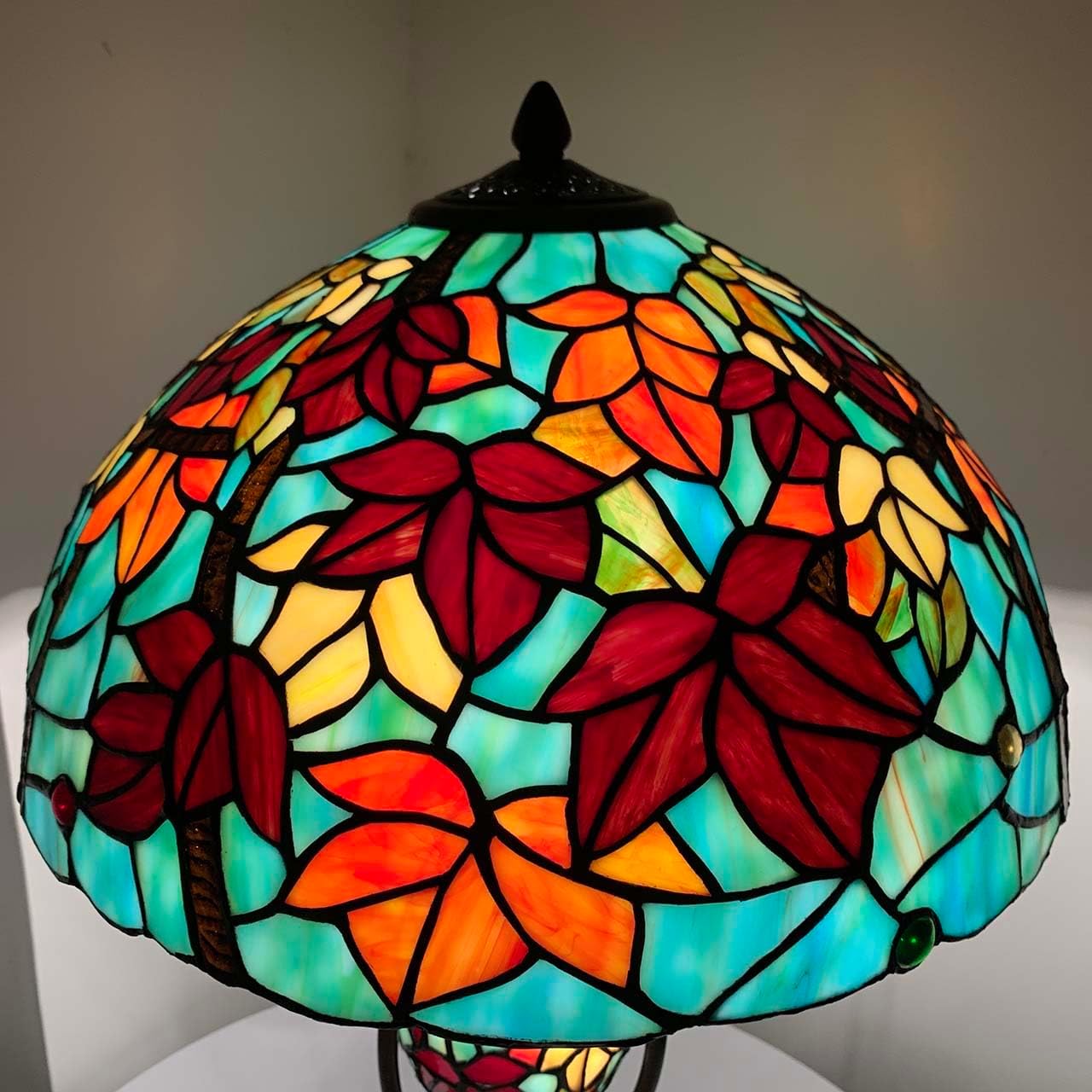 Bieye L10883 Tiffany Style Stained Glass Table Lamp Double Lit for Home Decor 16Wx24H (Maple Leaves)