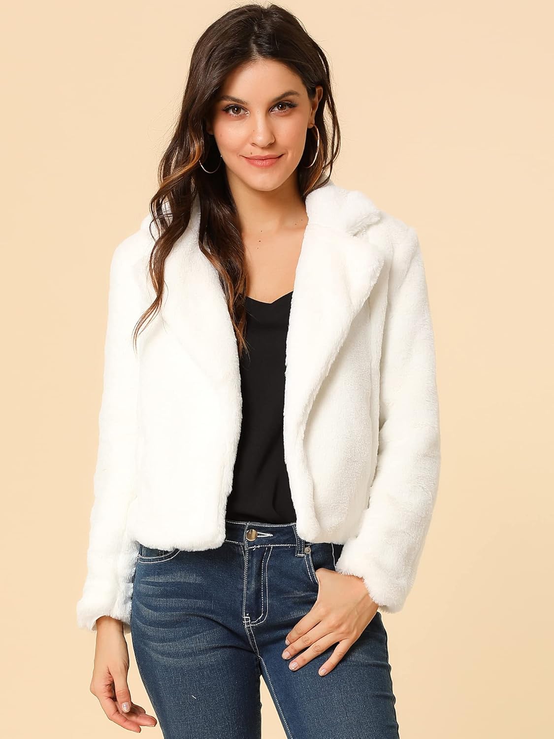 Allegra K Women's Cropped Faux Fur Jacket Lapel Cardigan Shrug 2024 Winter Fluffy Faux Fur Coat - Image 2