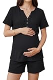 OUGES Women's 100% Cotton 2 Piece Maternity Nursing Pajama Sets Pregnancy Postpartum Loungewear with Pockets