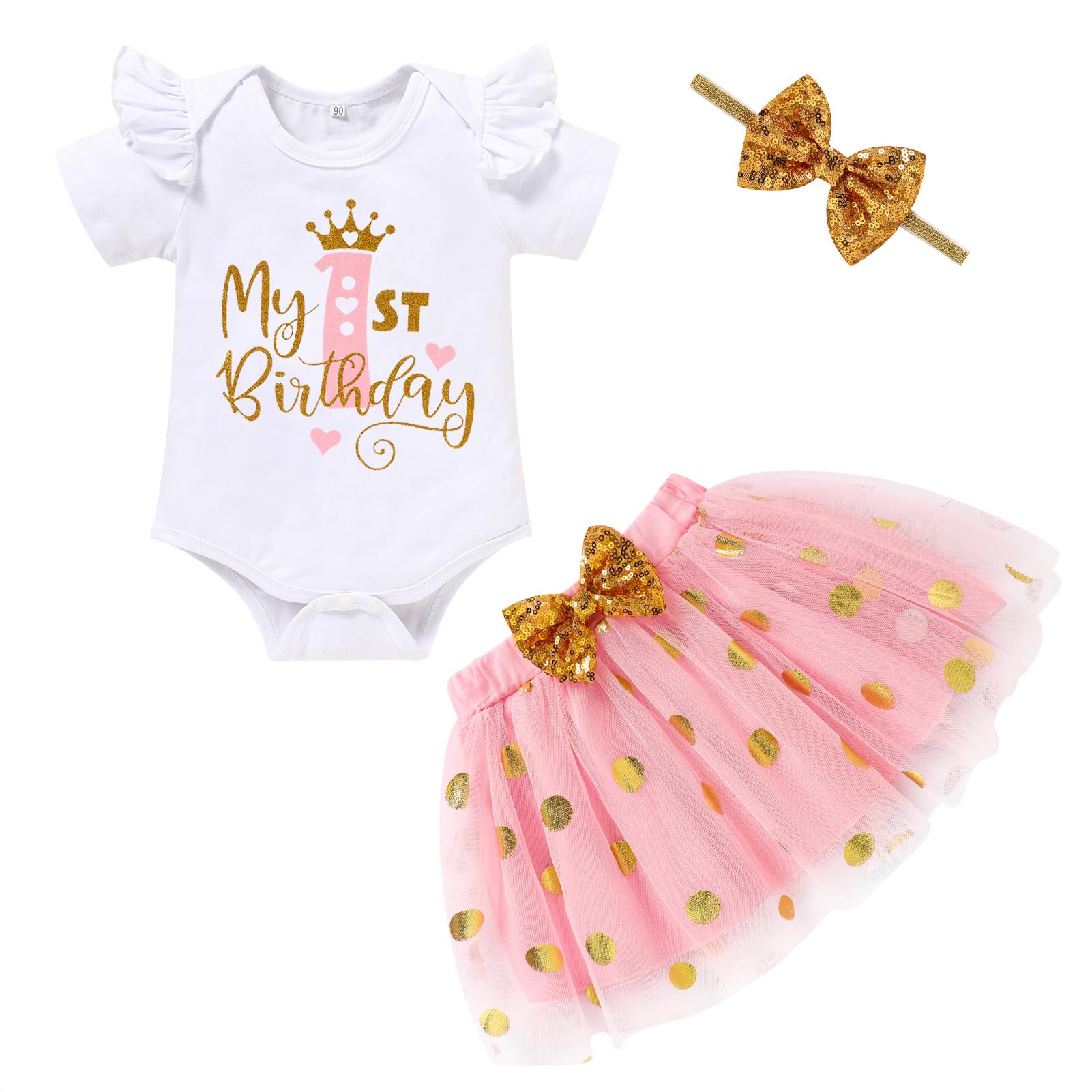 GRNSHTS Baby Girl Birthday Cake Smash Outfit Toddler Girl My 1st Birthday Romper Tutu Skirt with Headband Clothes Set
