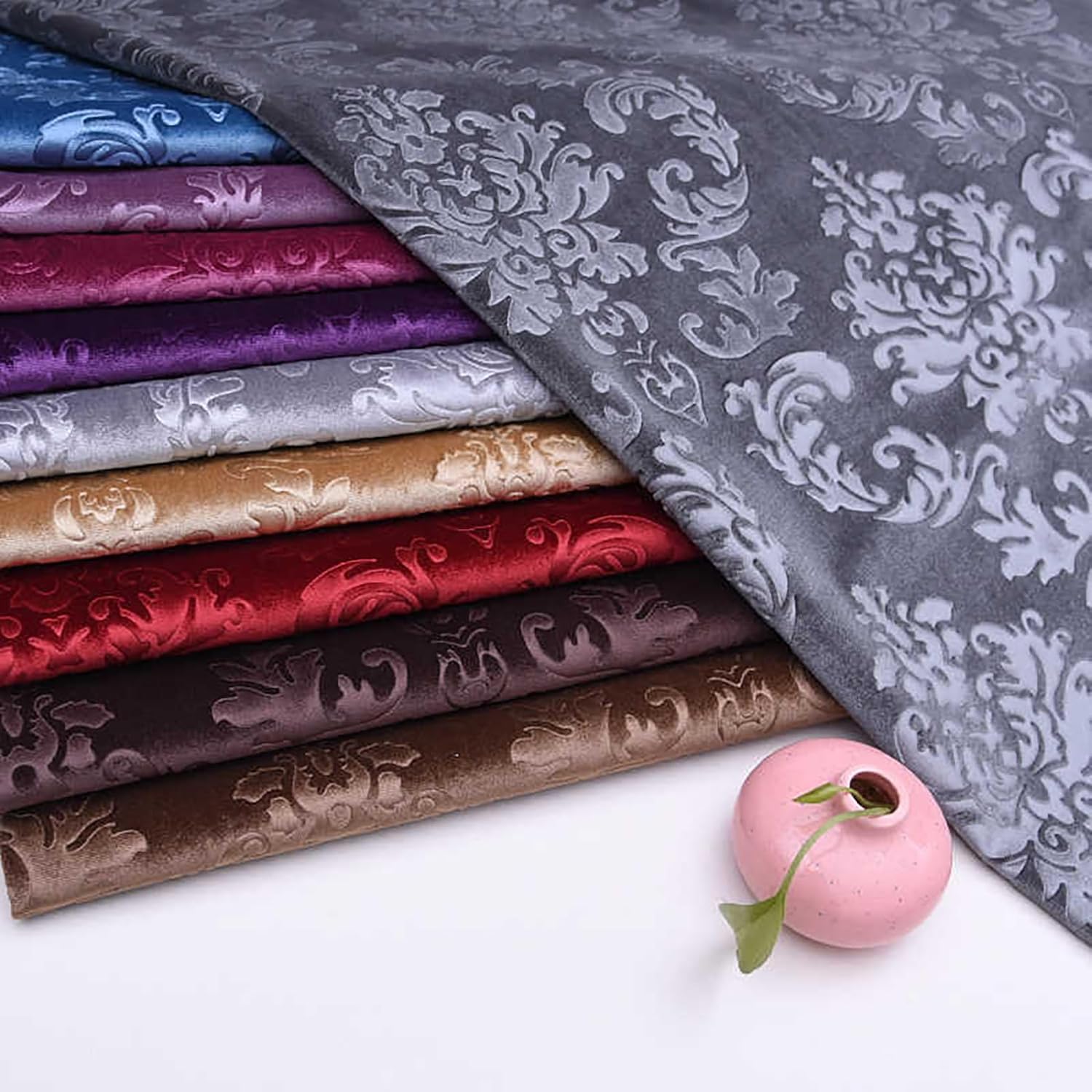 Soft Velvet Fabric by The Meter 145cm 57'' Wide, Embossing Floral Pattern Velour Material Upholstery Drapery Fabrics for Sewing Crafts, Cushion, Furniture(Size:5m/196.8inches,Color:Light Brown)