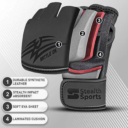 Miniatura 6 de Stealth Sports Guantes de MMA para hombres y mujeres, 0.472 in de grosor, guantes de piel sintética, palma abierta, Muay Thai, Kickboxing, saco de