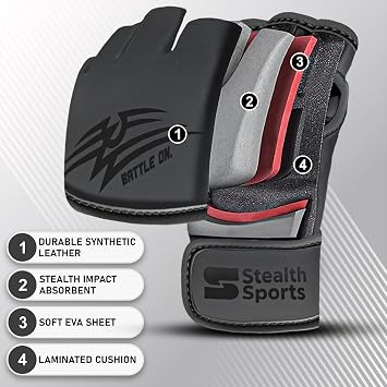 Stealth Sports MMA Gloves Men Women 12mm Thick - PU Leather Grappling Gloves Open Palm Muay Thai Kickboxing Sparring Punching Bag Boxing Training Cage Fighting Martial Arts Mitts