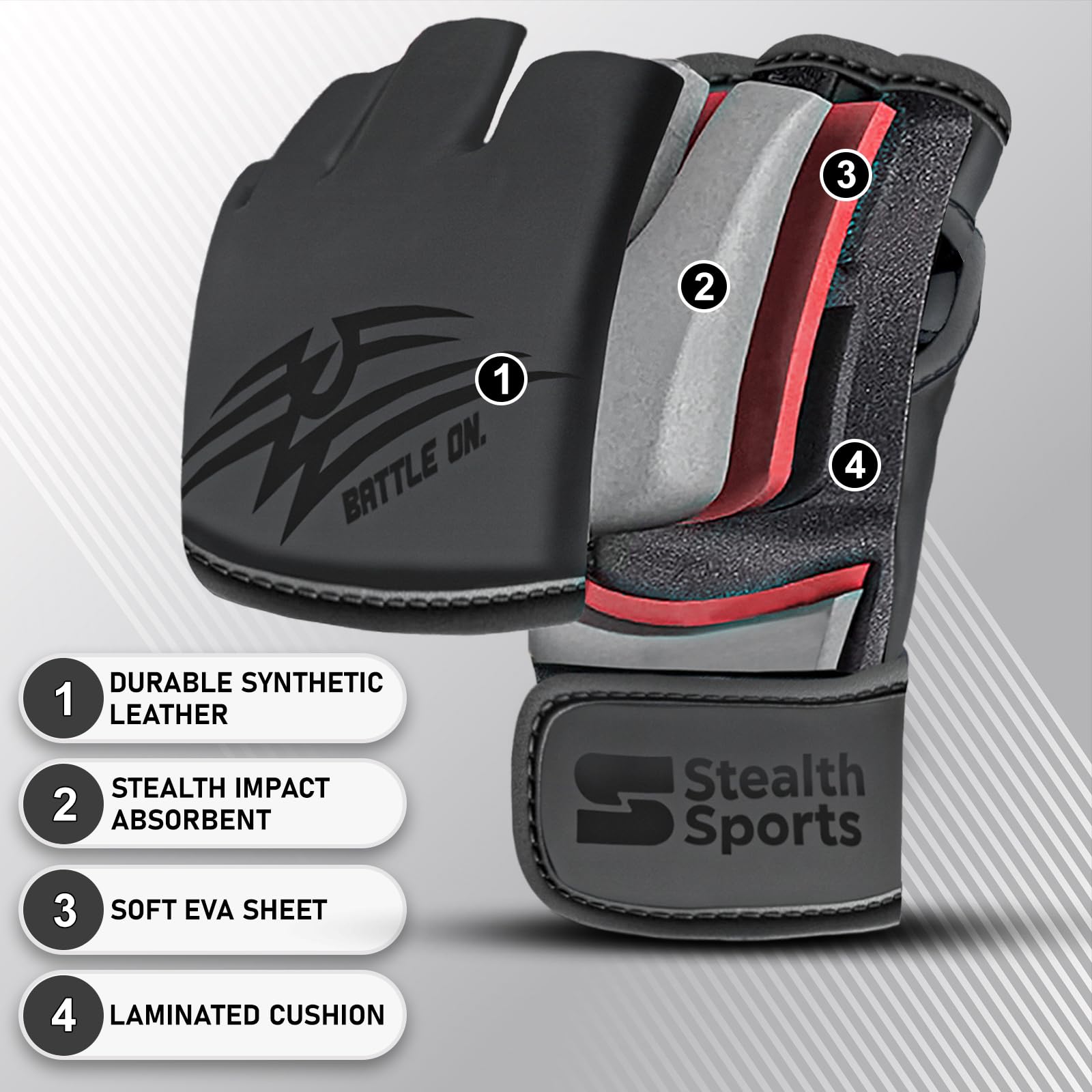 Gants MMA Hommes Femmes 12mm d'épaisseur - Gants de Grappling en Cuir PU Paume Ouverte Muay Thai Kickboxing Sparring Punching Training Cage Combat Mitaines d'arts Martiaux
