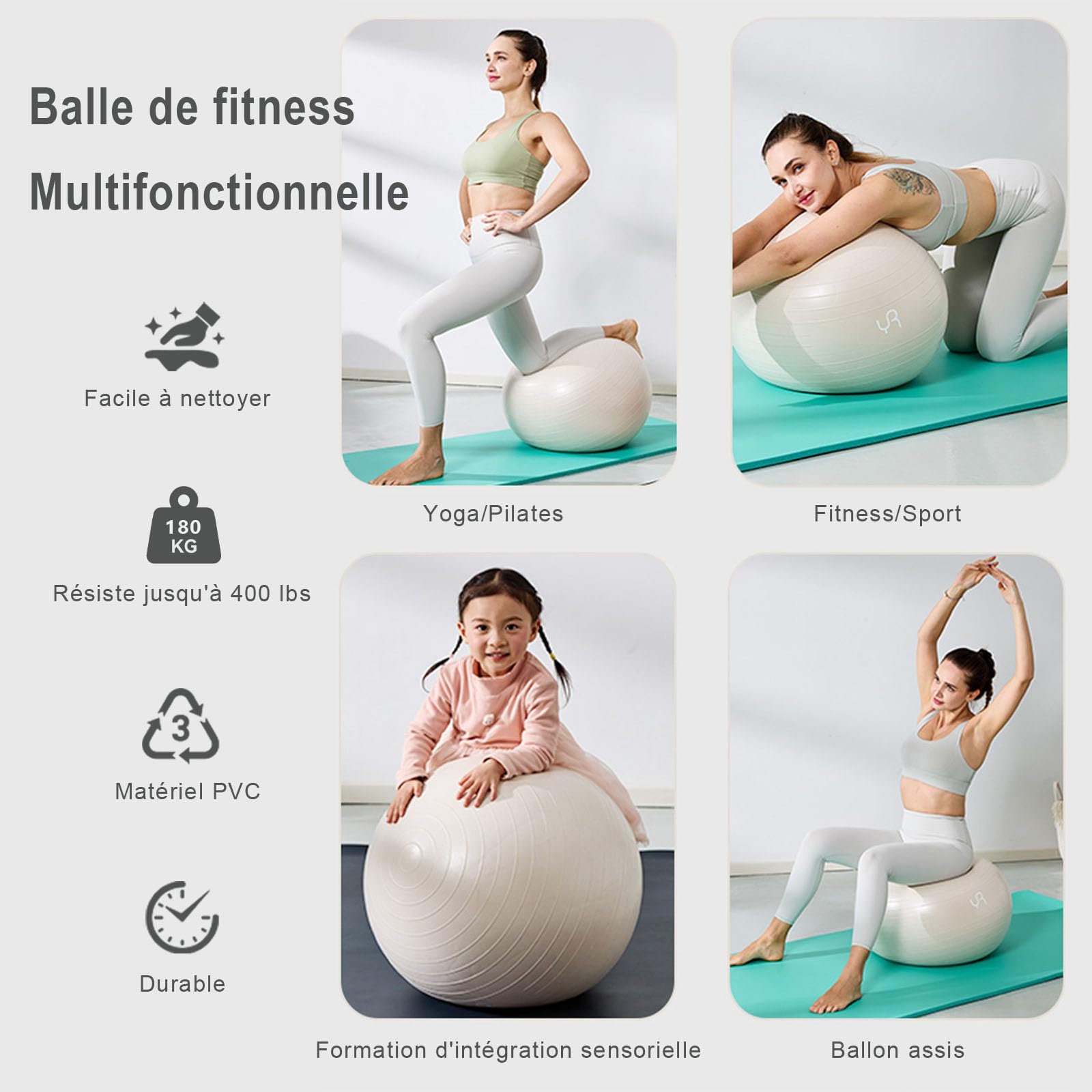 Ballon de gymnastique 55 cm - Pour grossesse - Grand ballon de yoga - Ergonomique - Anti-éclatement - Pour fitness, yoga, gymnastique, entraînement avec pompe à air