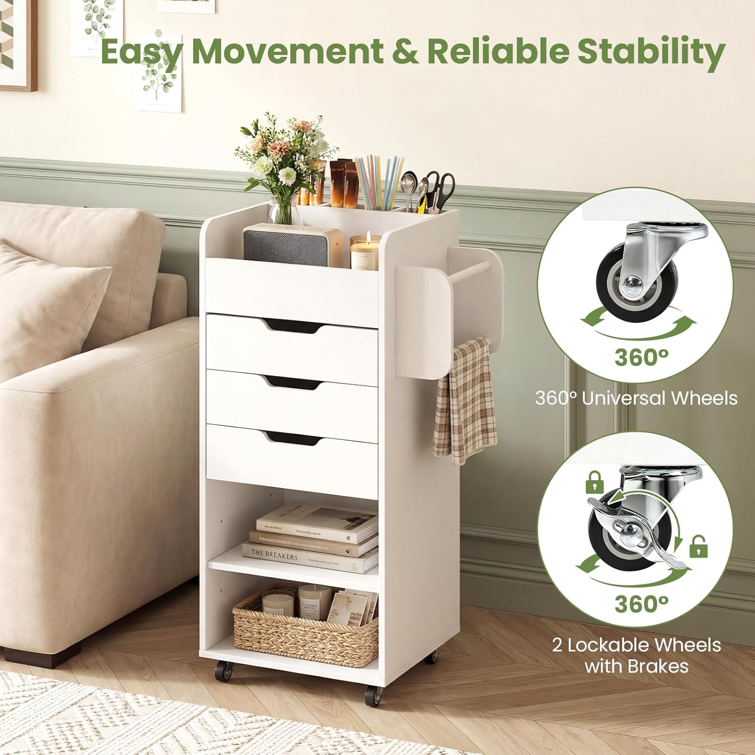 Giantex Craft Storage Cart - Utility Organizer Cart with 3 Drawers, 3 Shelves, 3 Slotted Compartments, 2 Rolling Rods, Crafting Sewing Cabinet on Wheels for Wrapping Paper Scrapbook Ribbon (White)