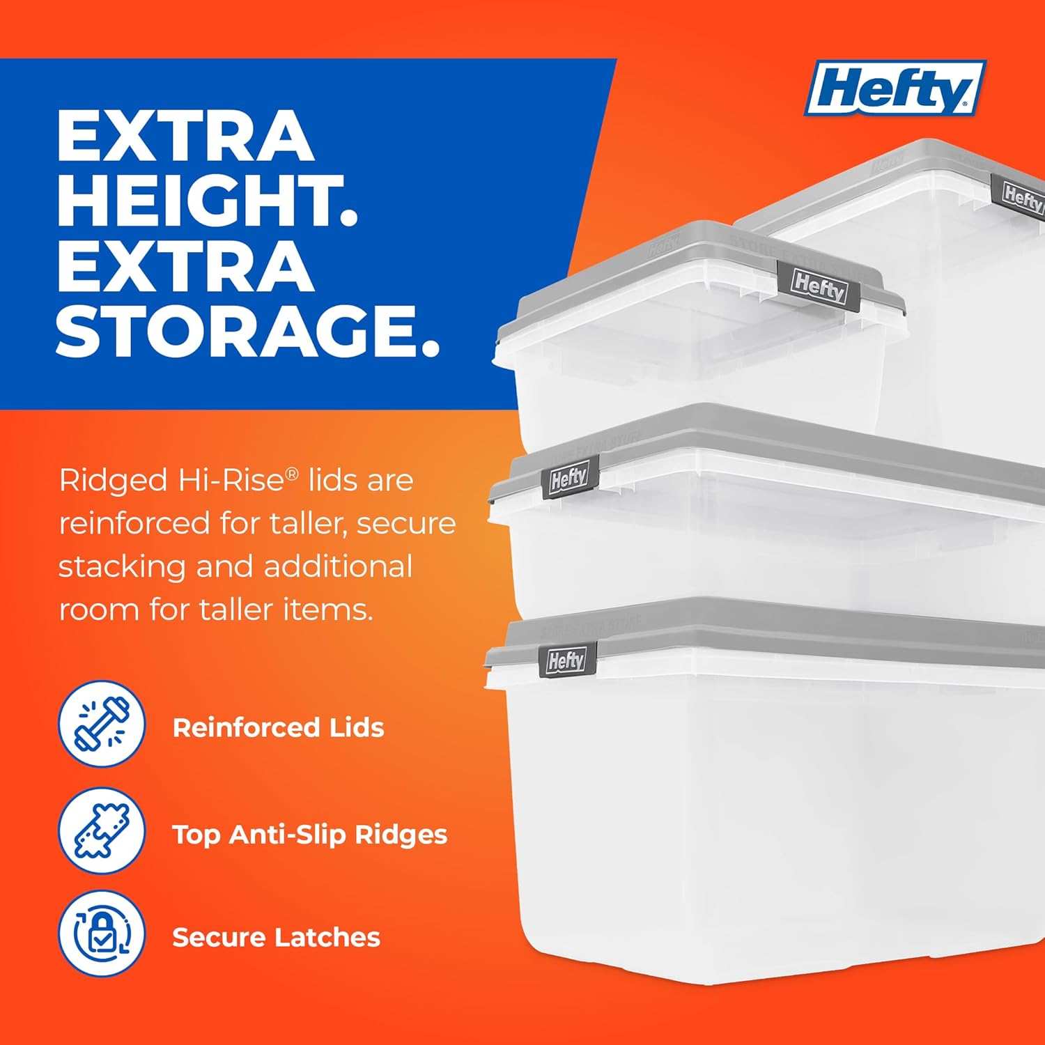Hefty 32 Qt Hi-Rise Storage Bin with Lid, Stackable Plastic Storage Container, Organizer for Home, Garage & Closet, 6 Pack, Gray