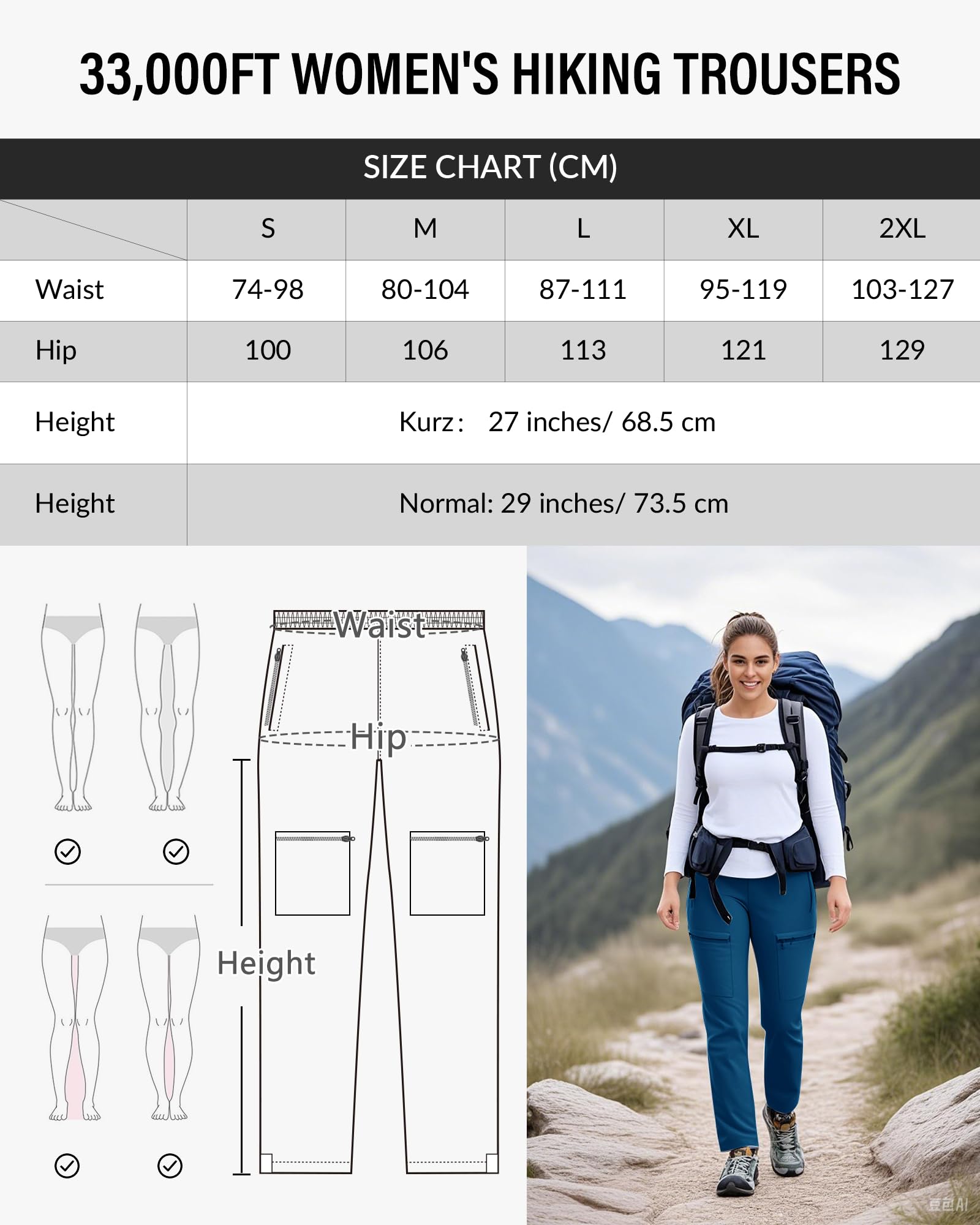 33,000ft Pantalones de senderismo para mujer, impermeables, pantalones de trekking con 5 bolsillos, ligeros, transpirables, funcionales para camping, correr