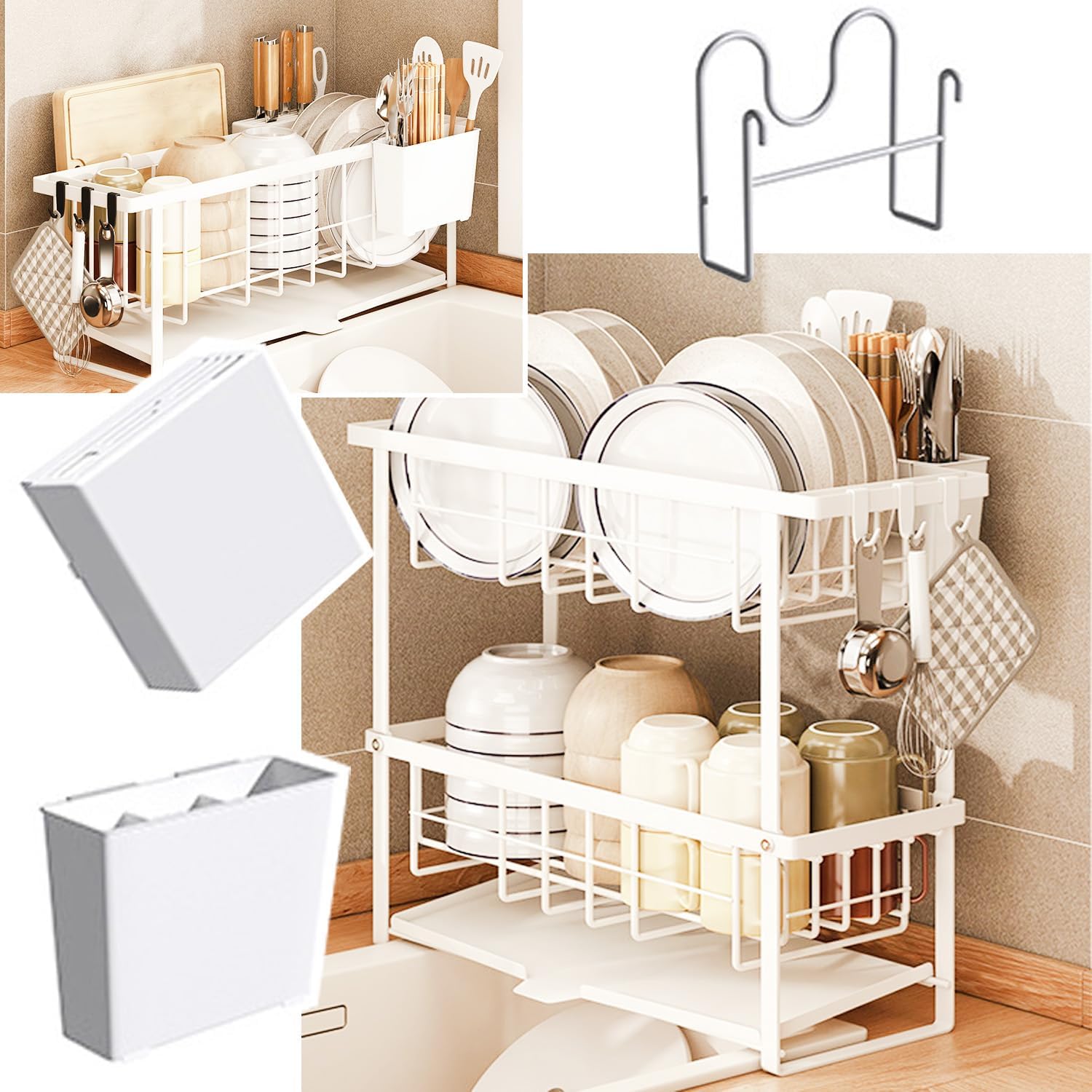シンク上水切りラック 食器乾燥 水切りかご キッチン収納 大容量 省スペース 自動排水 滑り止め 皿立て 箸・包丁スタンド まな板立