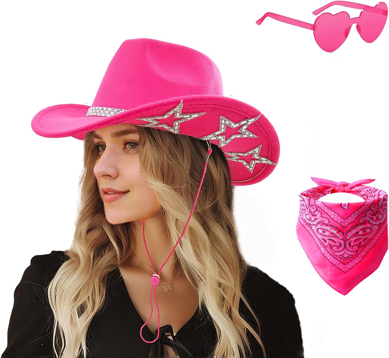 SHENYI Cowgirl Hat and Bandana and Heart Sunglasses Glitter Rhinestone Star Cowboy Hat Western Sparkly Hats for Women Men