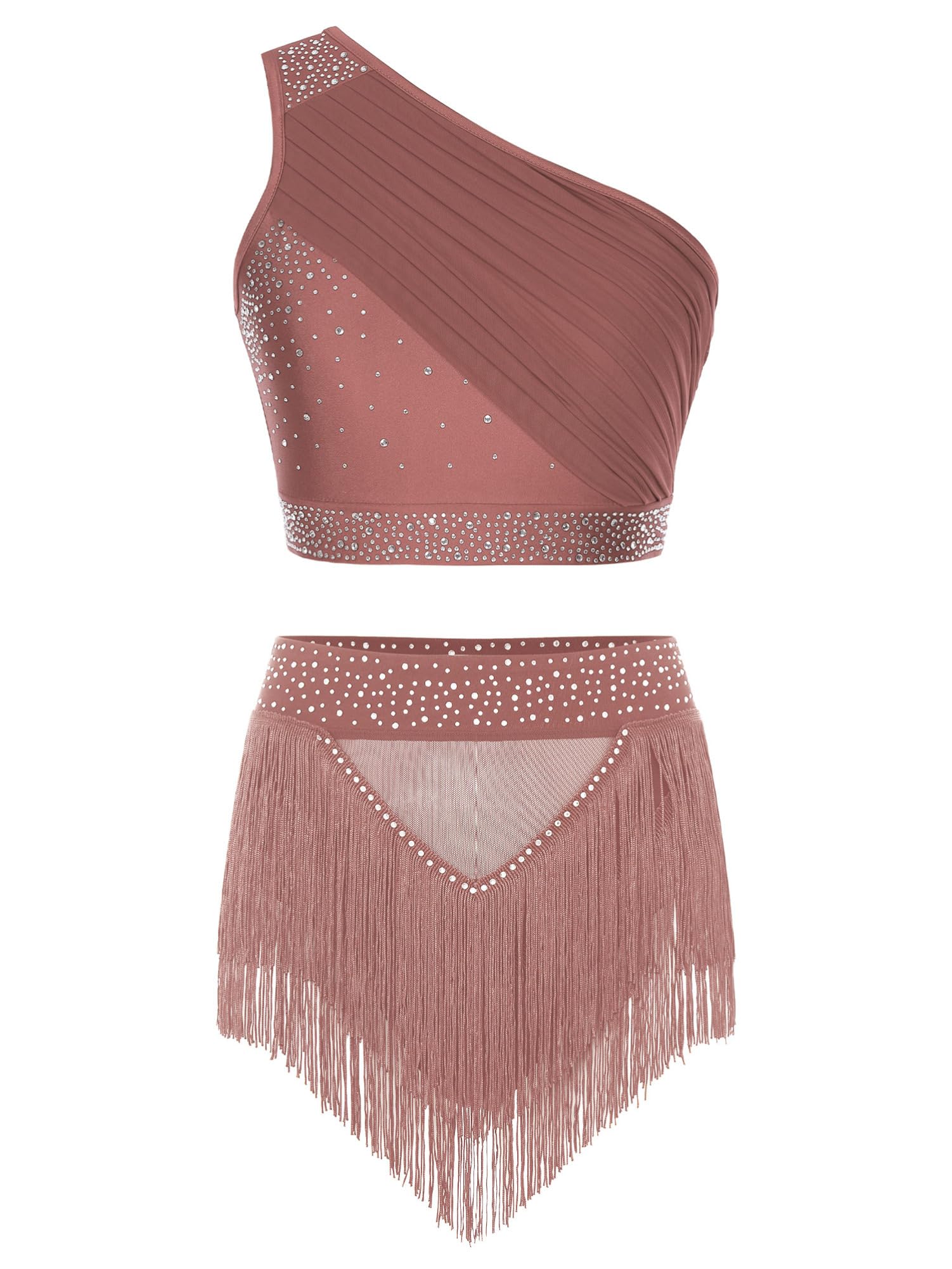 CHICTRY 2 Pezzi Donna Abito da Pattinaggio Artistico Strass Tuta da Ginnastica Monospalla Crop Top con Gonna di Danza Classica Vestito da Ballo Lirico