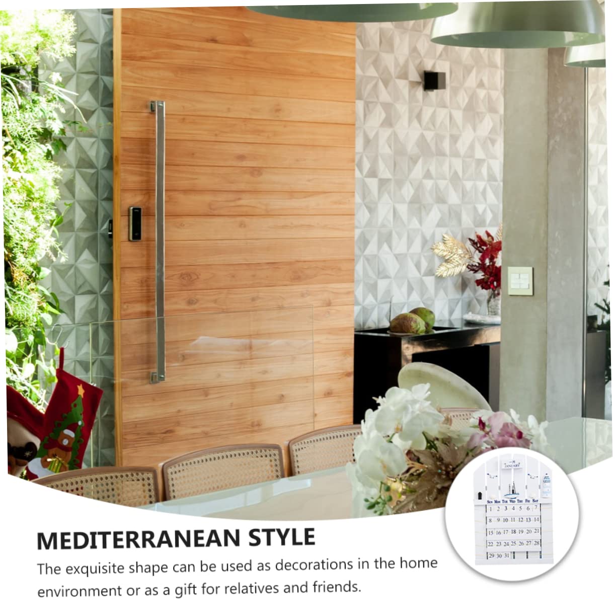 SHINEOFI Calendario Perpetuo y Fácil Cambio de Mes Estilo Mediterráneo de Madera Calendario de Pared Blanco Diseño Único para Decoracion Verano