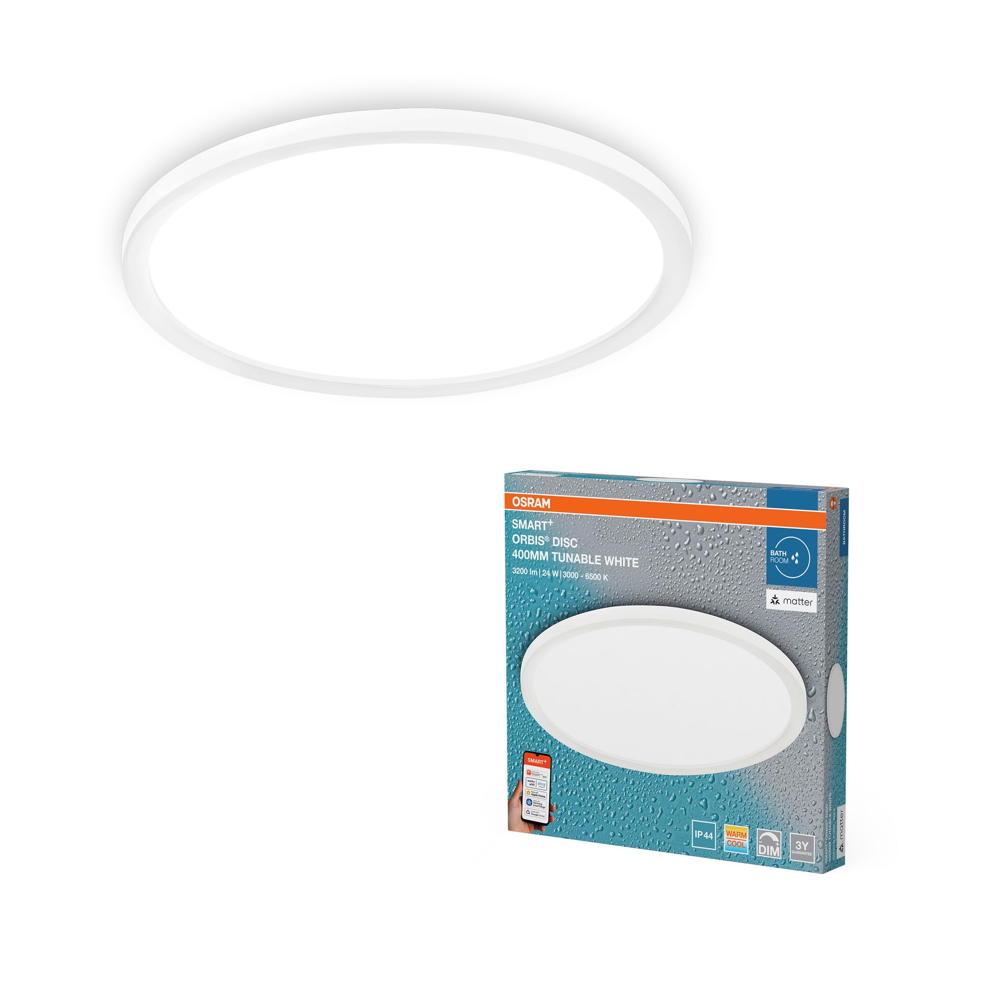OSRAM SMART+ Matter Orbis Disc lampada da bagno LED IP44 400mm, 24W, 1900lm, TW 3000-6500K, WiFi, Bianca