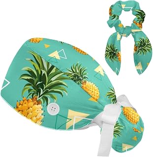 FVQL 2 Pieces Surgical Cap for Long Hair Scrub Cap with Hairband Nurse Cap, Pineapple and Triangle