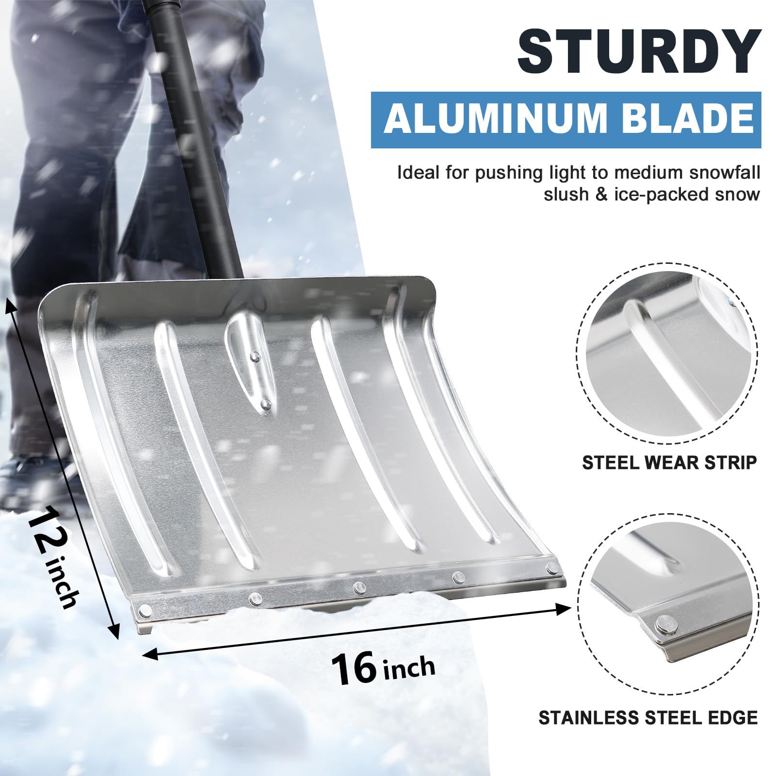 Pala quitanieves para entrada de vehículos, pala quitanieves de aluminio resistente, mango largo de 67", pala ergonómica de metal para empujar la nieve, portátil para el maletero del automóvil, el g