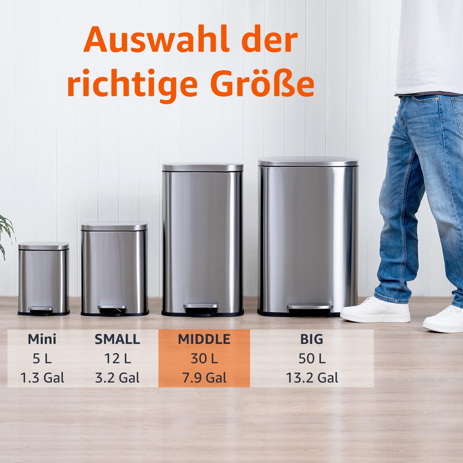 Amazon Basics 30 l Rechteckig Mülleimer für die Küche mit Stahlrohrpedal - 7.9 gallons Sanft Schließend mit Deckel, für Küche, Bad oder Büro, Satiniertes Nickel