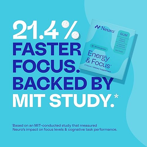 Miniatura 9 de Neuro Energy & Focus Gum - Goma de mascar de cafeína natural de 40 mg y suplemento energético nootrópico con L-teanina y vitaminas B, sin azúcar